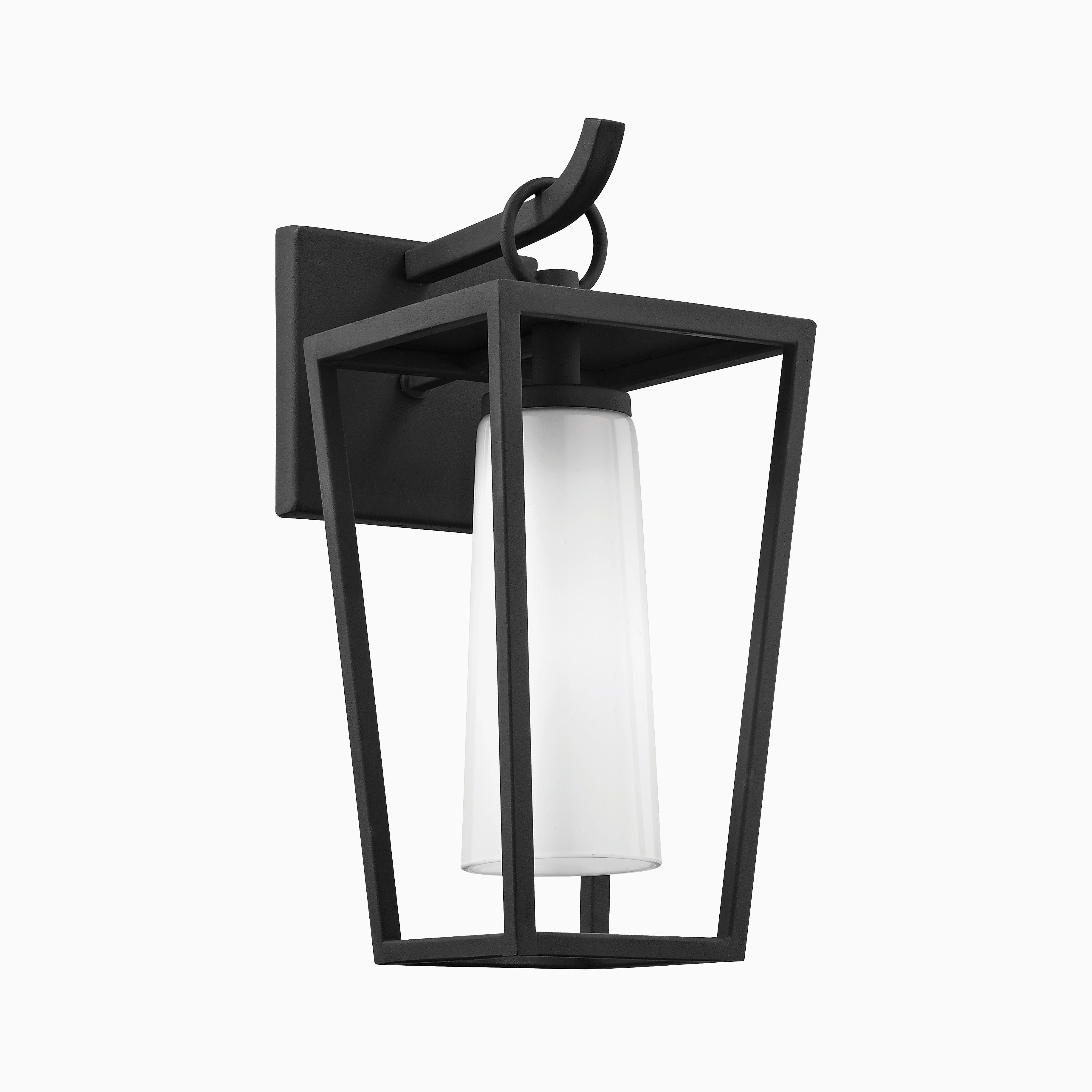 Textured black exterior wall sconce with open geometric frame and frosted glass shade, combining durability with modern design.