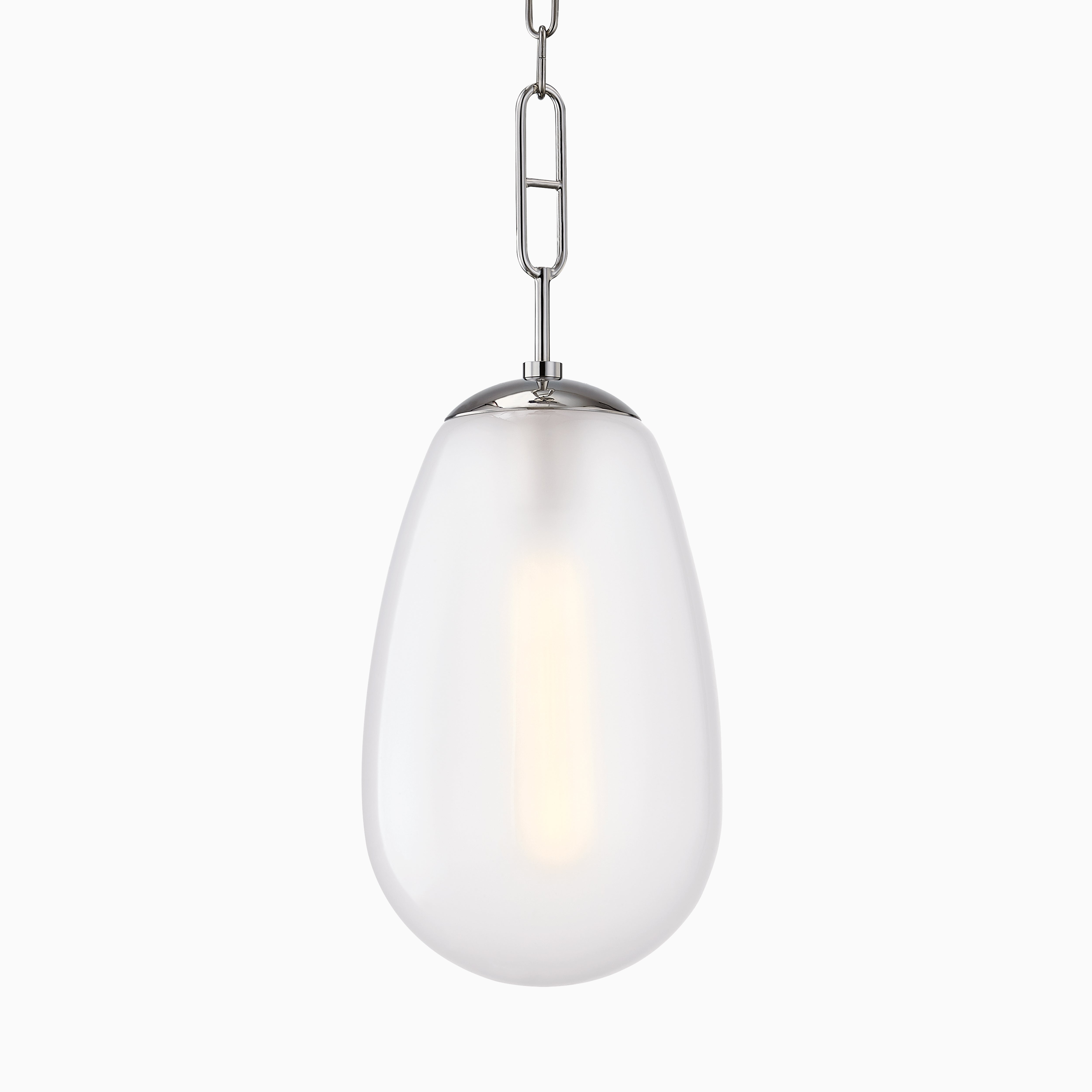 Oversized teardrop pendant with frosted glass shade and polished nickel chain for a refined finish.