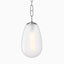 Oversized teardrop pendant with frosted glass shade and polished nickel chain for a refined finish.