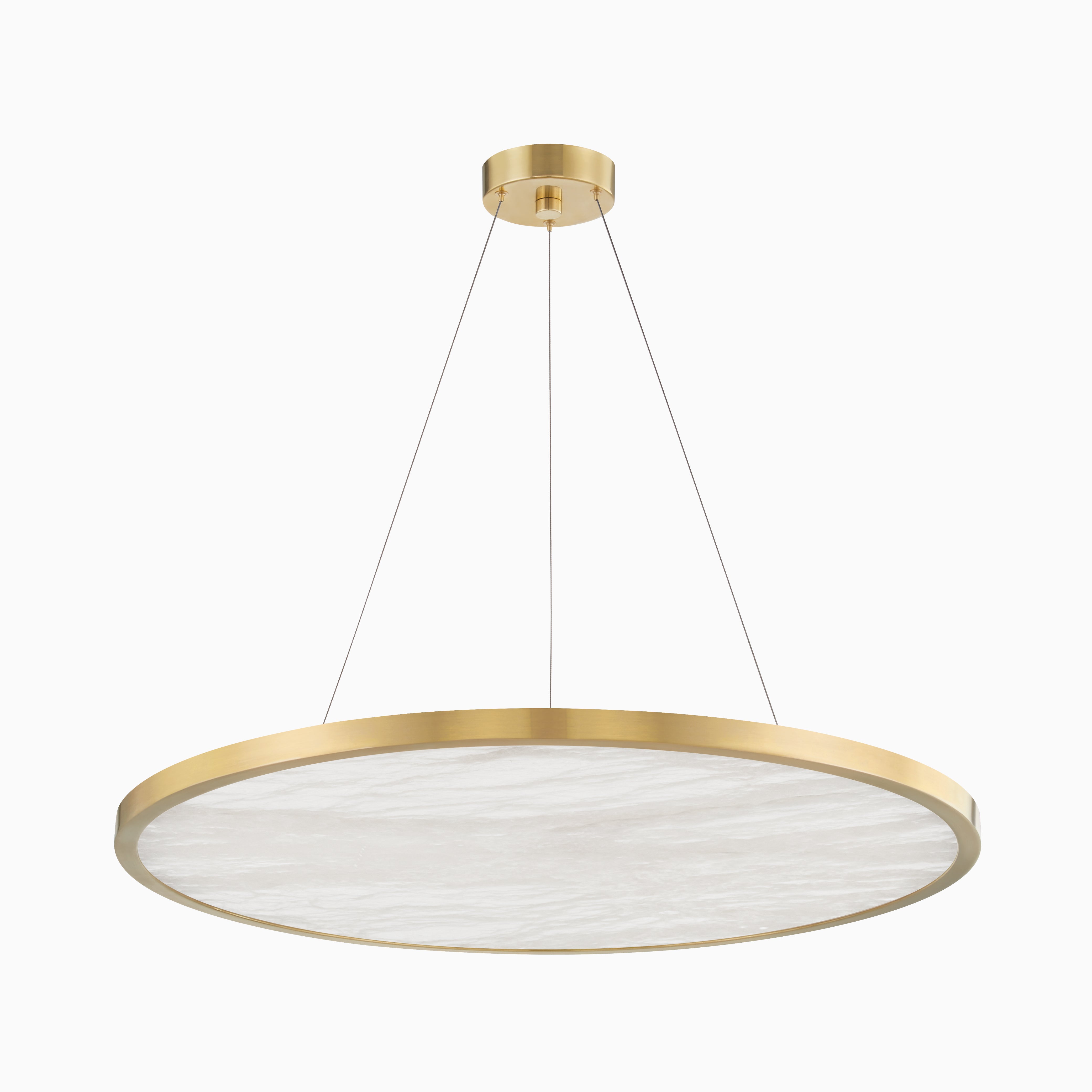 36" aged brass chandelier with slim circular frame, suspended wires, and alabaster diffuser, showcasing sleek modern minimalist design.