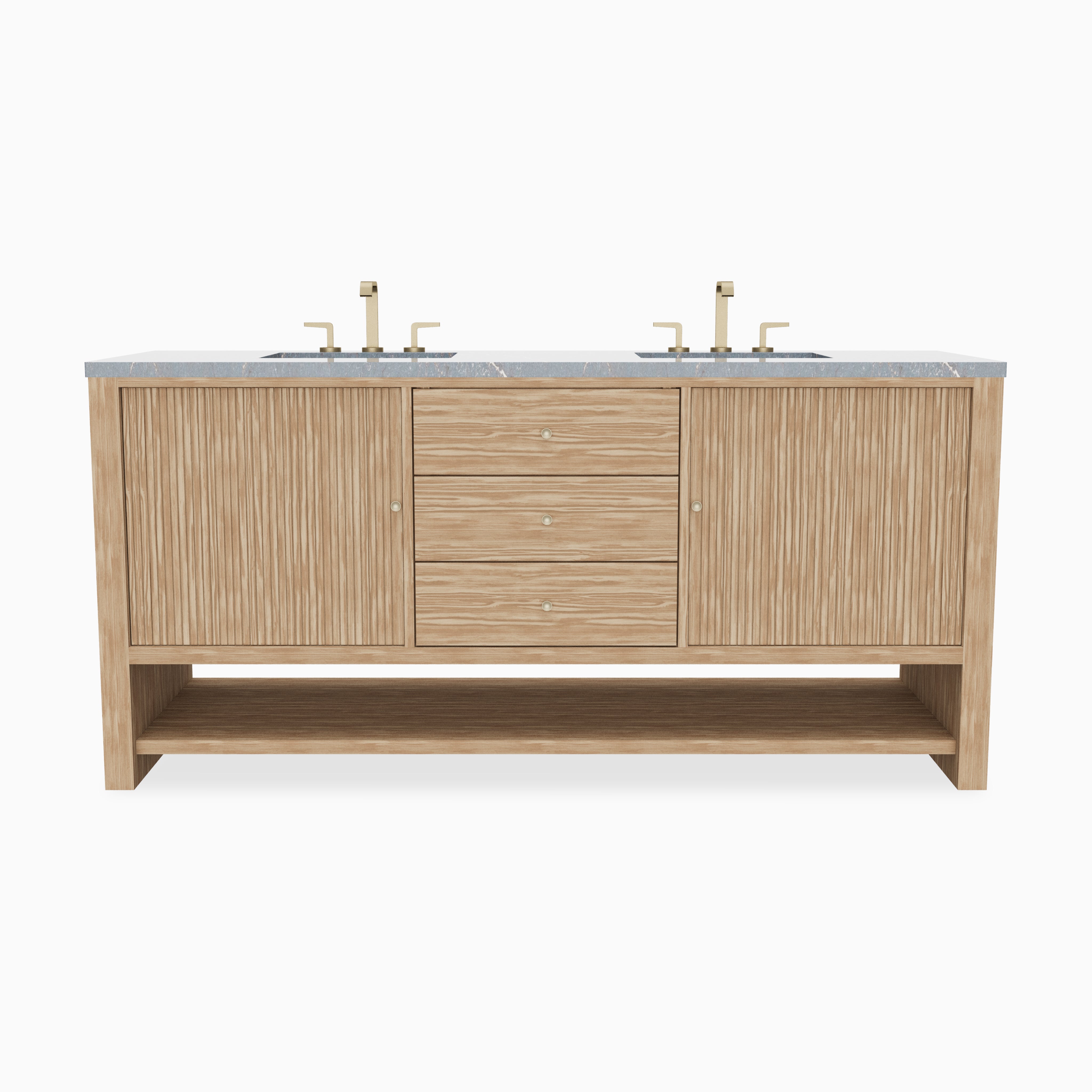 72 inch double vanity in sunwashed oak with Parisien blue top, fluted cabinet doors, center drawers, and open bottom shelf.