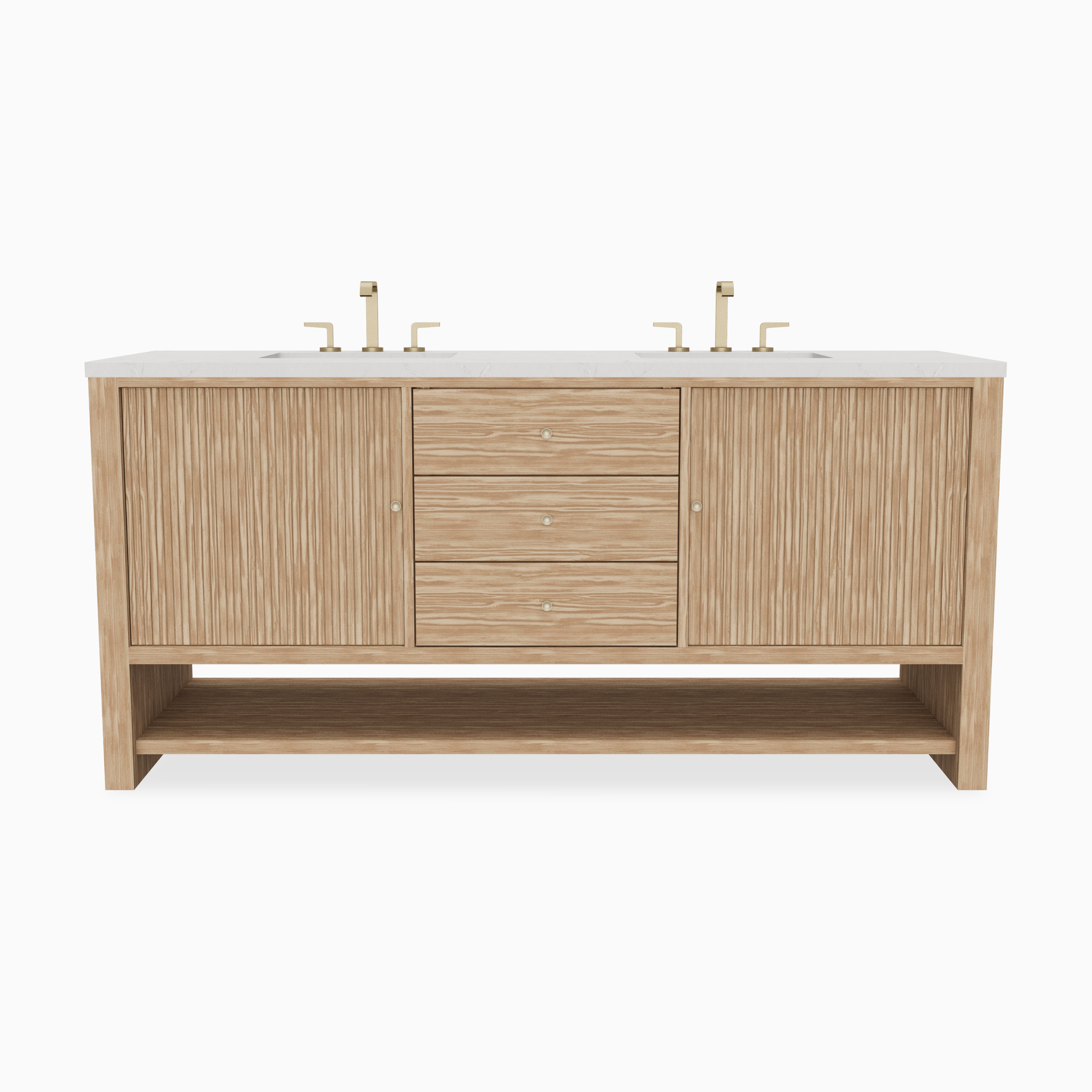 72 inch double vanity in sunwashed oak with Victorian silver top, fluted cabinet doors, center drawers, and open bottom shelf.