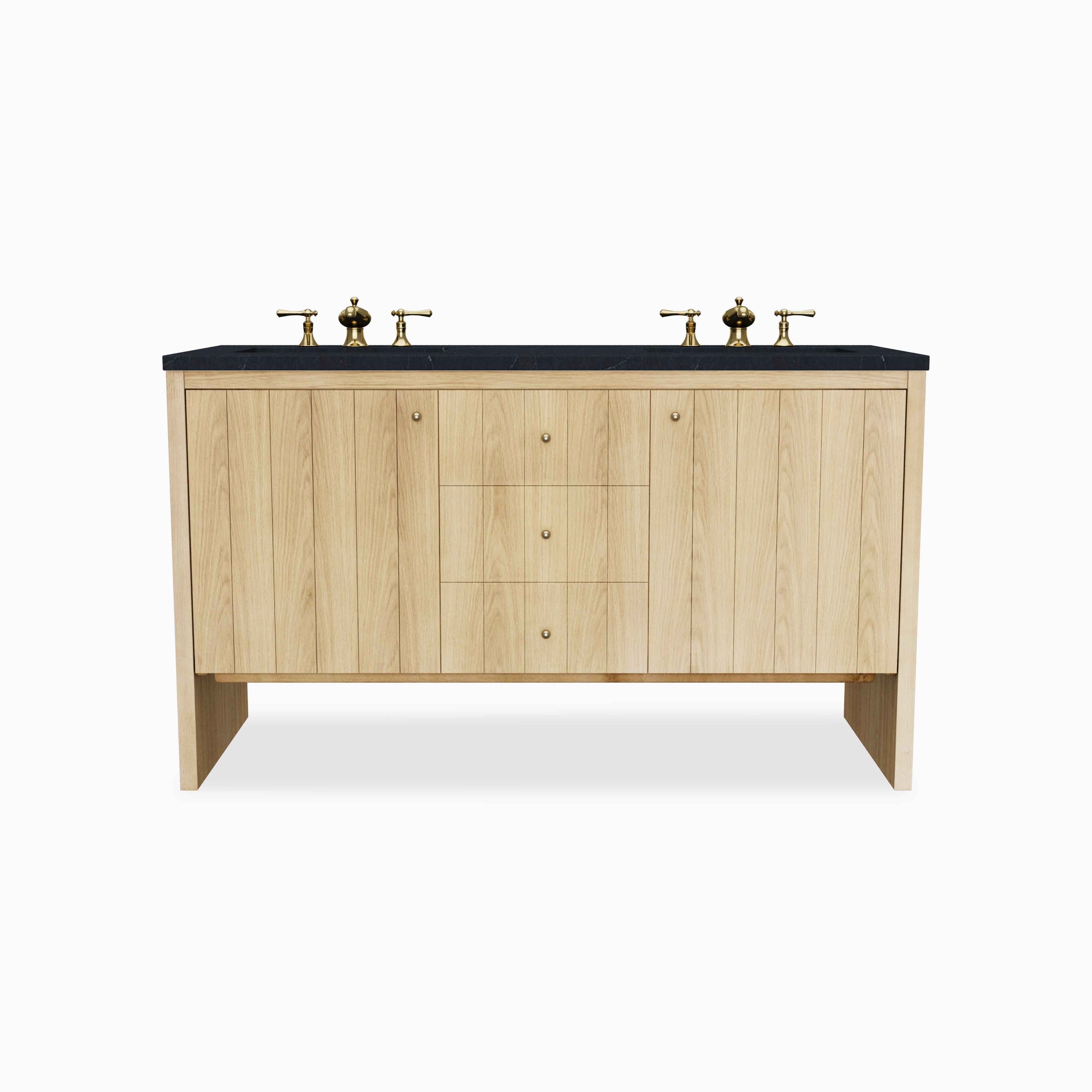 Gabriella 60" double vanity in light natural oak featuring flat-panel cabinet doors, three center drawers with brass knobs, open base legs, and a 3 cm Charcoal Soapstone quartz countertop with dual integrated sinks and brass faucets