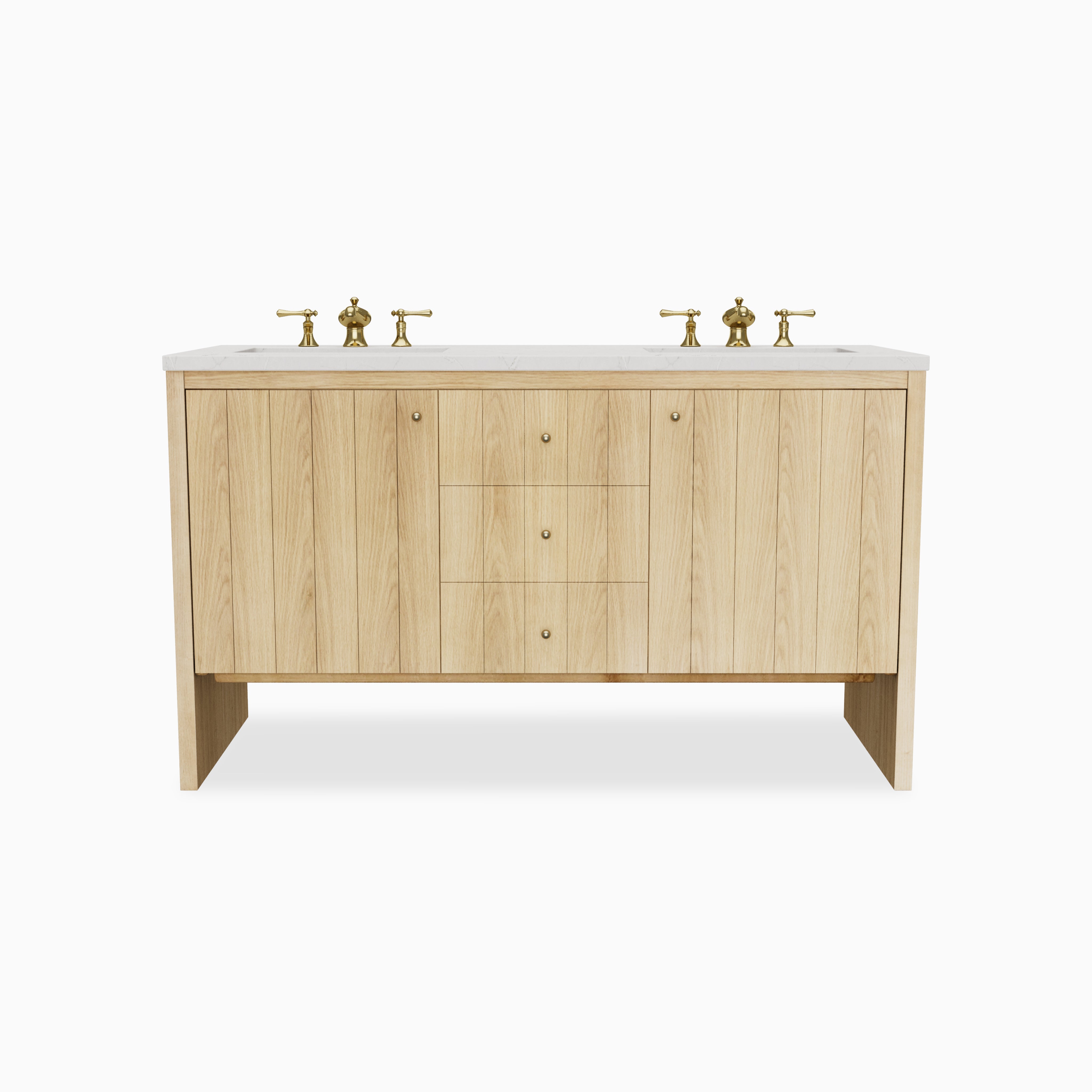 Gabriella 60" double vanity in light natural oak featuring flat-panel cabinet doors, three center drawers with brass knobs, open base legs, and a 3 cm Victorian Silver quartz countertop with dual integrated sinks and brass faucets