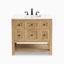 Bridgette 36" freestanding single vanity in light natural oak with black hardware and crisp white countertop.
