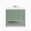Bridgette 36" freestanding single vanity in soft green with champagne brass knobs and white quartz countertop.