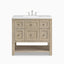 Bridgette 36" freestanding single vanity in whitewashed oak with satin nickel knobs and a sleek white quartz countertop.