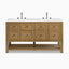 Bridgette 60" freestanding double vanity in light natural oak with black knobs and dual matte black widespread faucets.