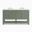 Bridgette 60" freestanding double vanity in soft green with champagne brass knobs and twin coordinating widespread faucets.