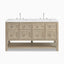 Bridgette 60" freestanding double vanity in whitewashed oak featuring satin nickel knobs and twin minimalist widespread faucets.