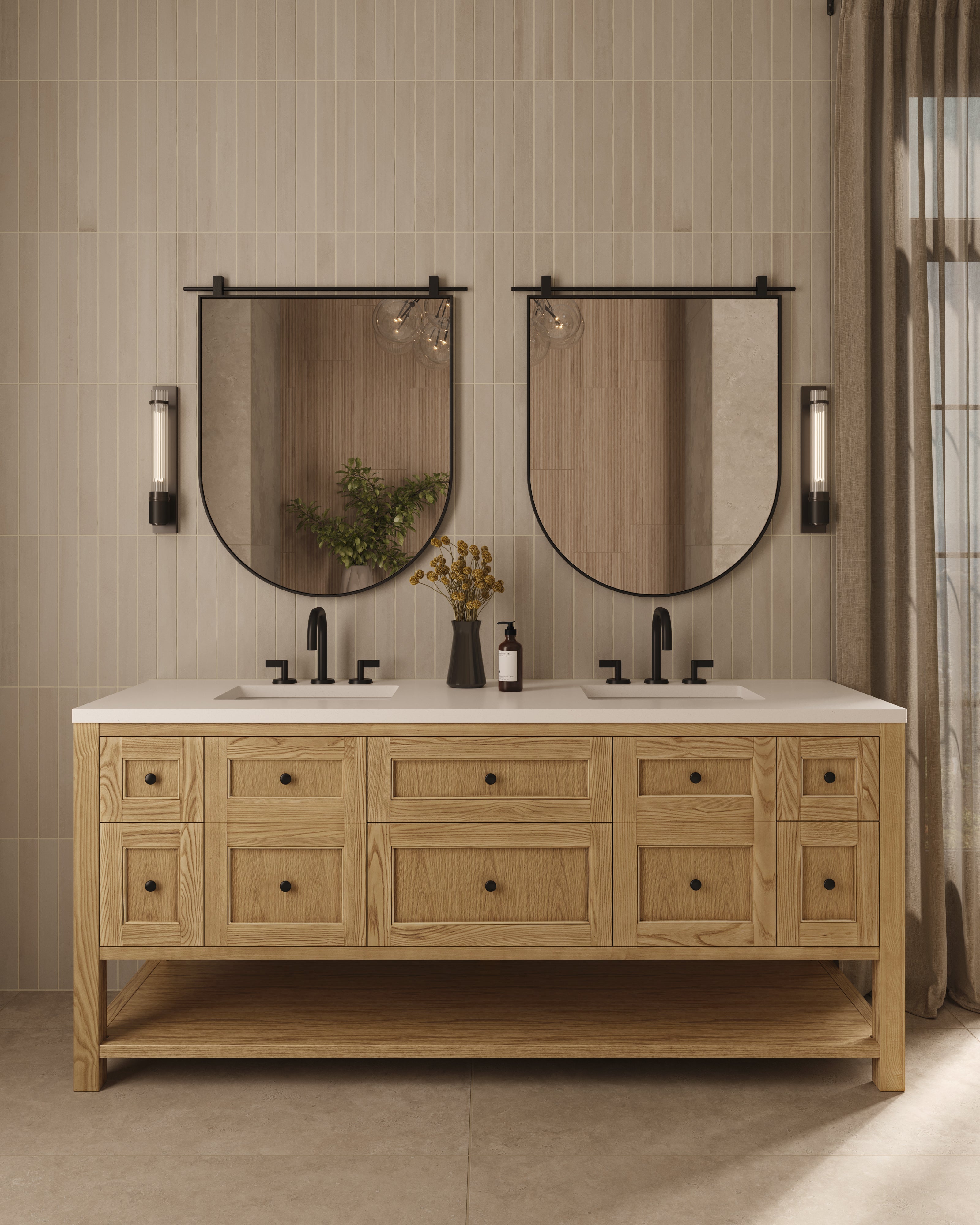 Bridgette 72" Double Vanity in Light Natural Oak with 3 cm White Zeus Quartz Top