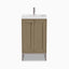 Compact 20" walnut whisper single vanity with white stone countertop, geometric panel doors, and brushed nickel legs.