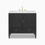 Sasha 36" freestanding single vanity in black finish with fluted doors, brass hardware, and white quartz top.