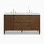 Sasha 60" double vanity in Mid-Century Walnut with fluted doors, central ribbed drawers, and dual brass widespread faucets.