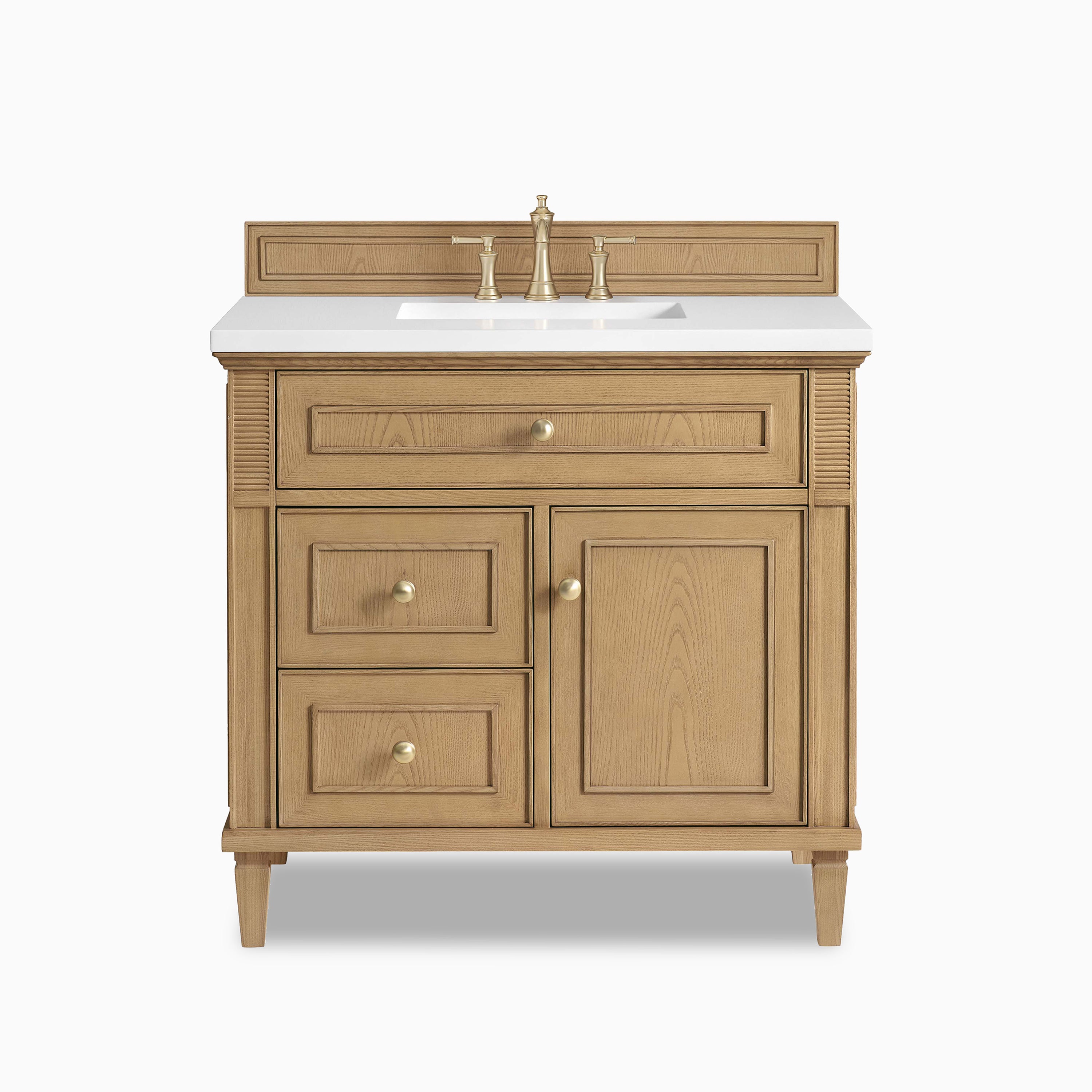 Elodie 36" freestanding single vanity in light natural oak with fluted side detailing and champagne brass hardware.