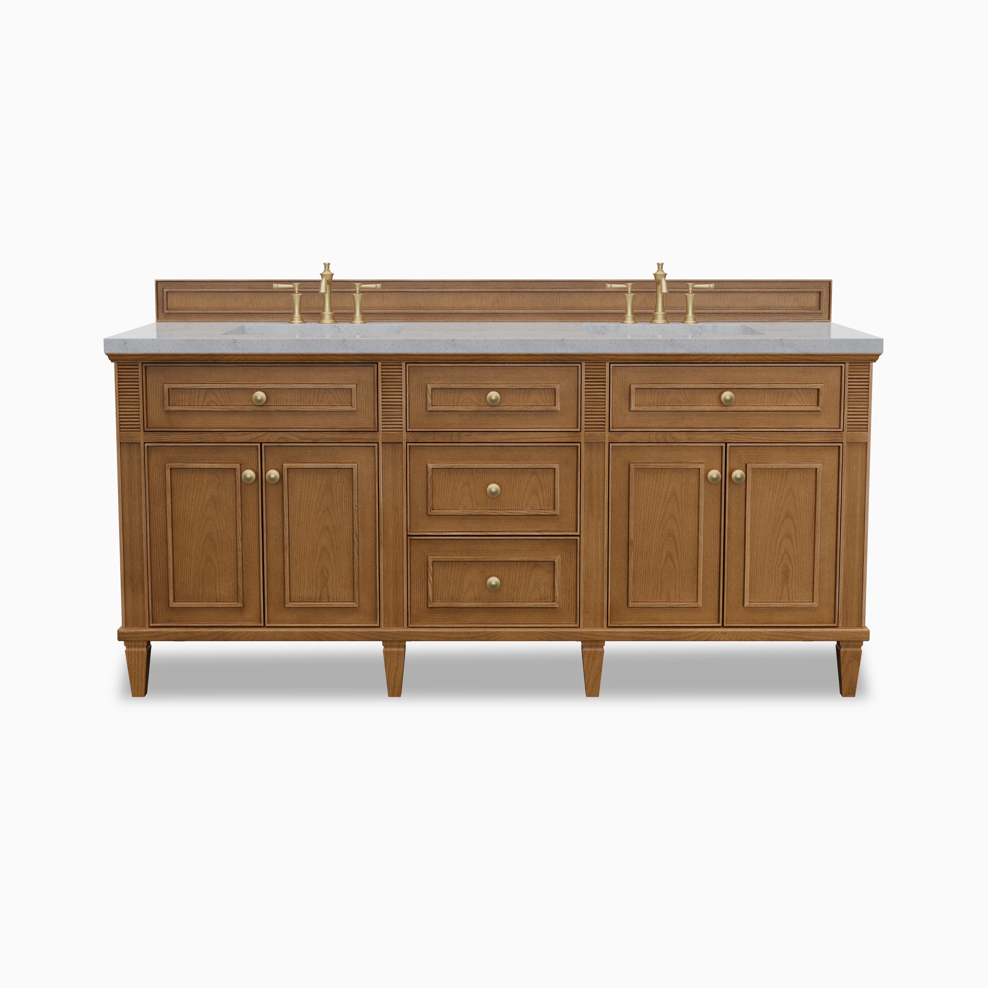 Elodie 72-inch double bathroom vanity in light natural oak with Carrara white marble countertop and brass faucets.