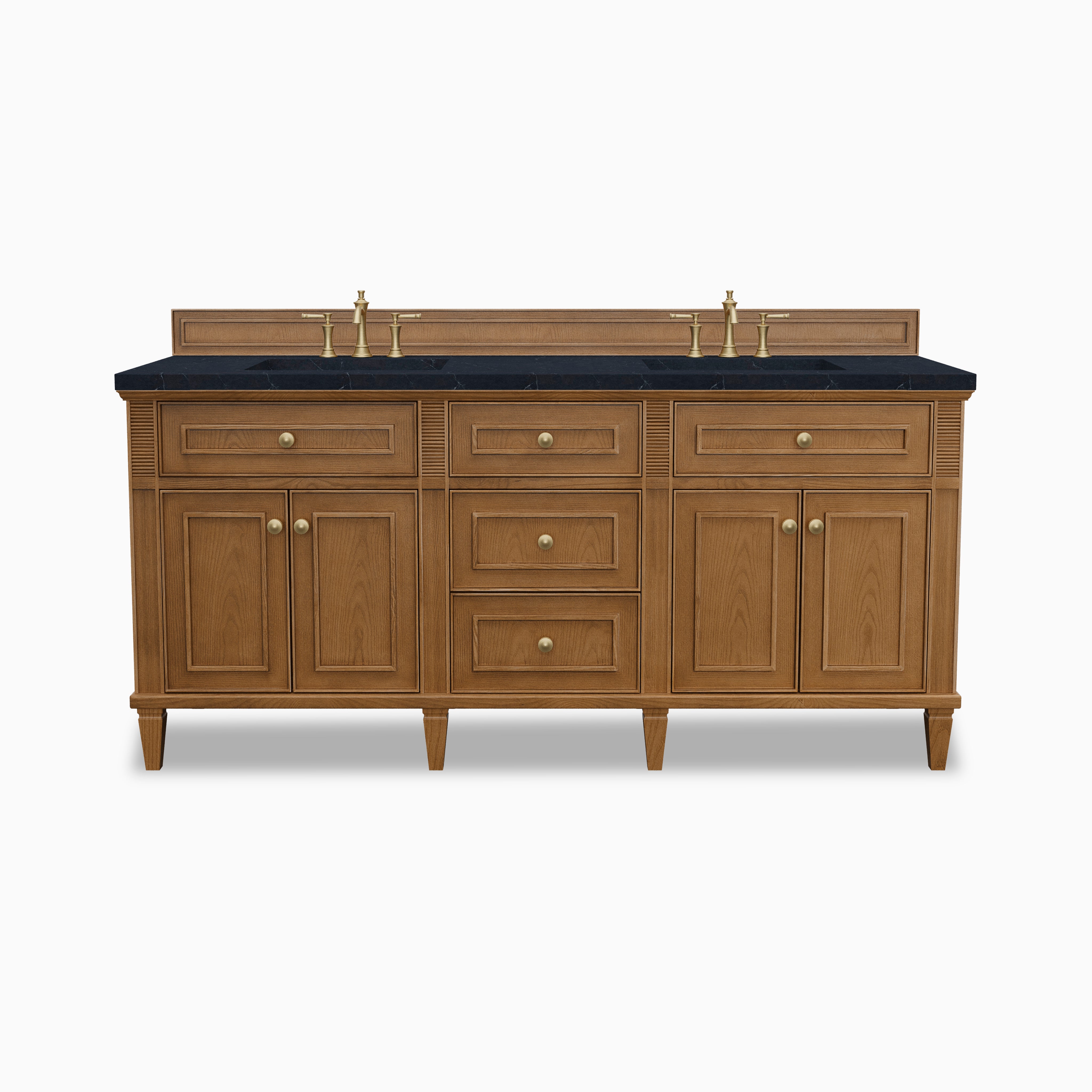 Elodie 72-inch double bathroom vanity in light natural oak with charcoal soapstone quartz countertop and brass faucets.