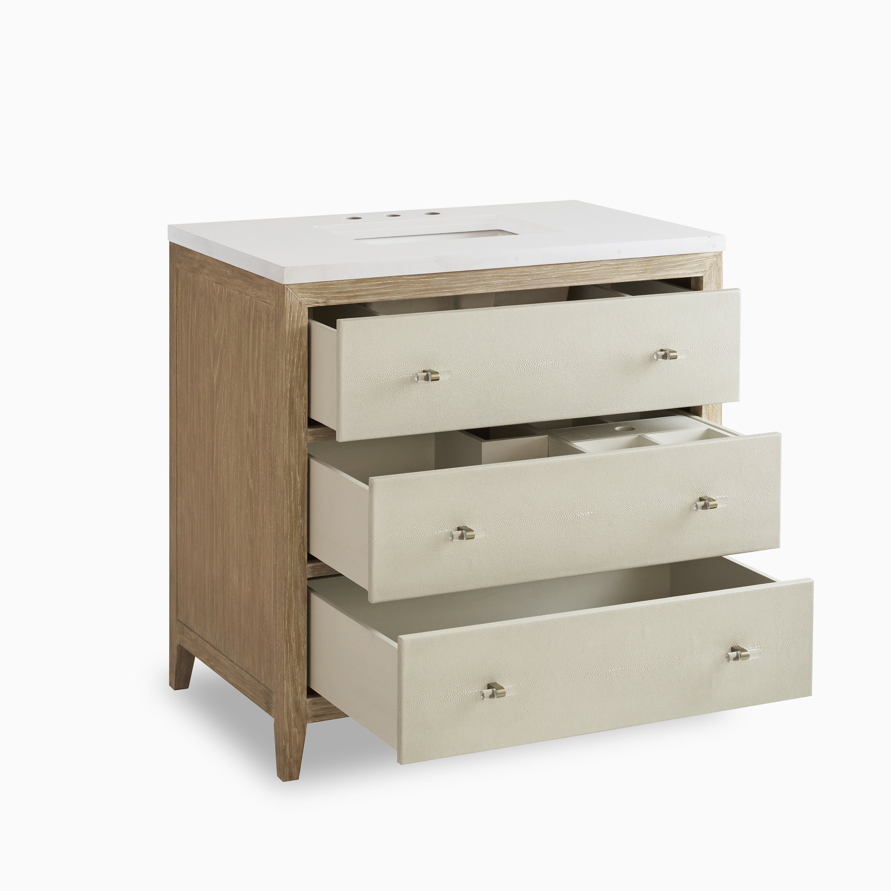 Daisy 36" Single Vanity in Sunwashed Oak with Embossed Shagreen and 3 cm White Zeus Quartz Top