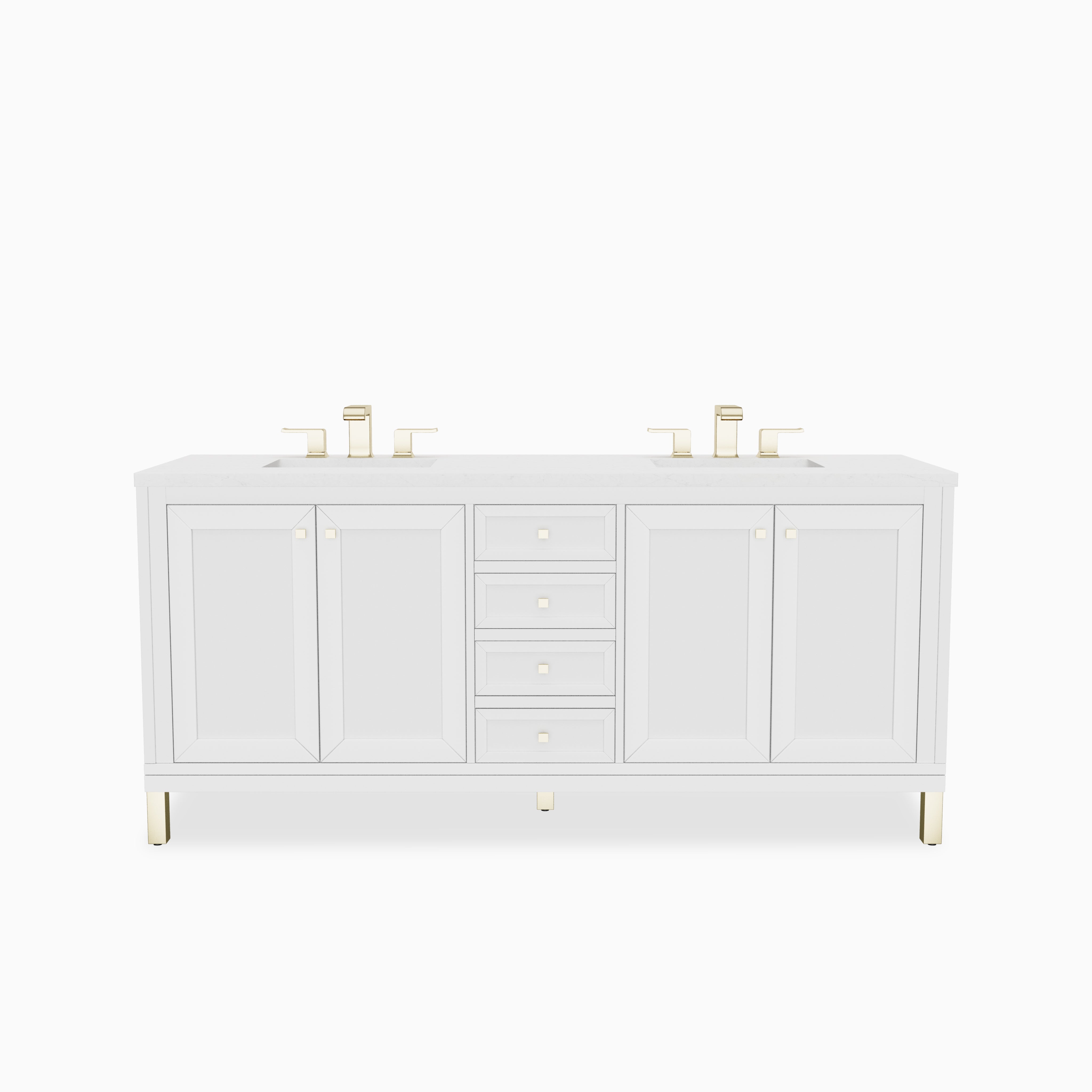 A 72 inch double bathroom vanity in Glossy White with sleek white cabinetry, paneled storage doors, stacked drawers, brushed hardware, and an Eternal Jasmine Pearl Silestone countertop.