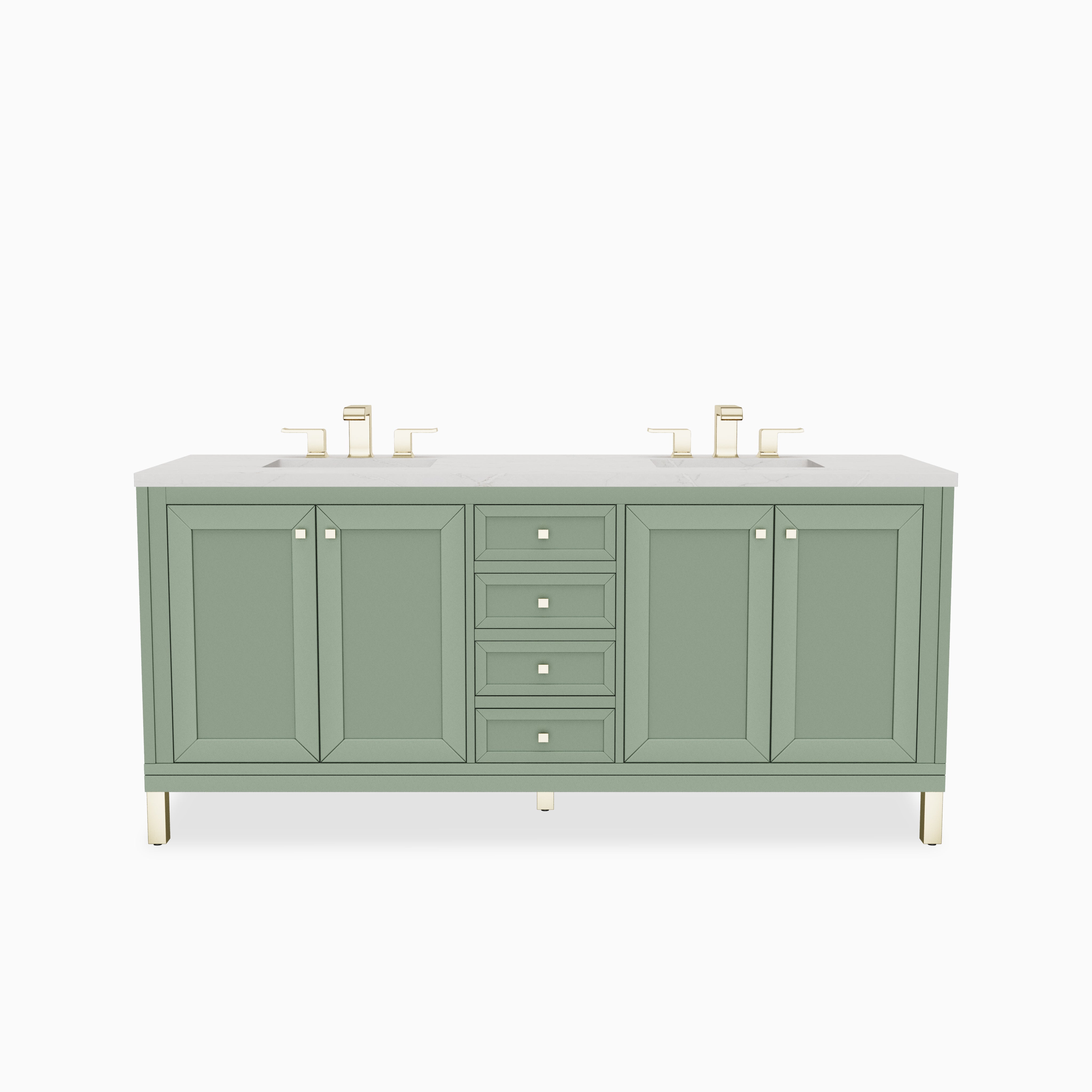 Green double sink vanity with Smokey Celadon cabinetry, framed storage doors, stacked drawers, and a Victorian Silver Silestone countertop paired with warm brass fixtures.