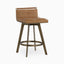 Swivel counter stool with brown leather seat, low backrest, and brushed brass angular base with circular footrest.