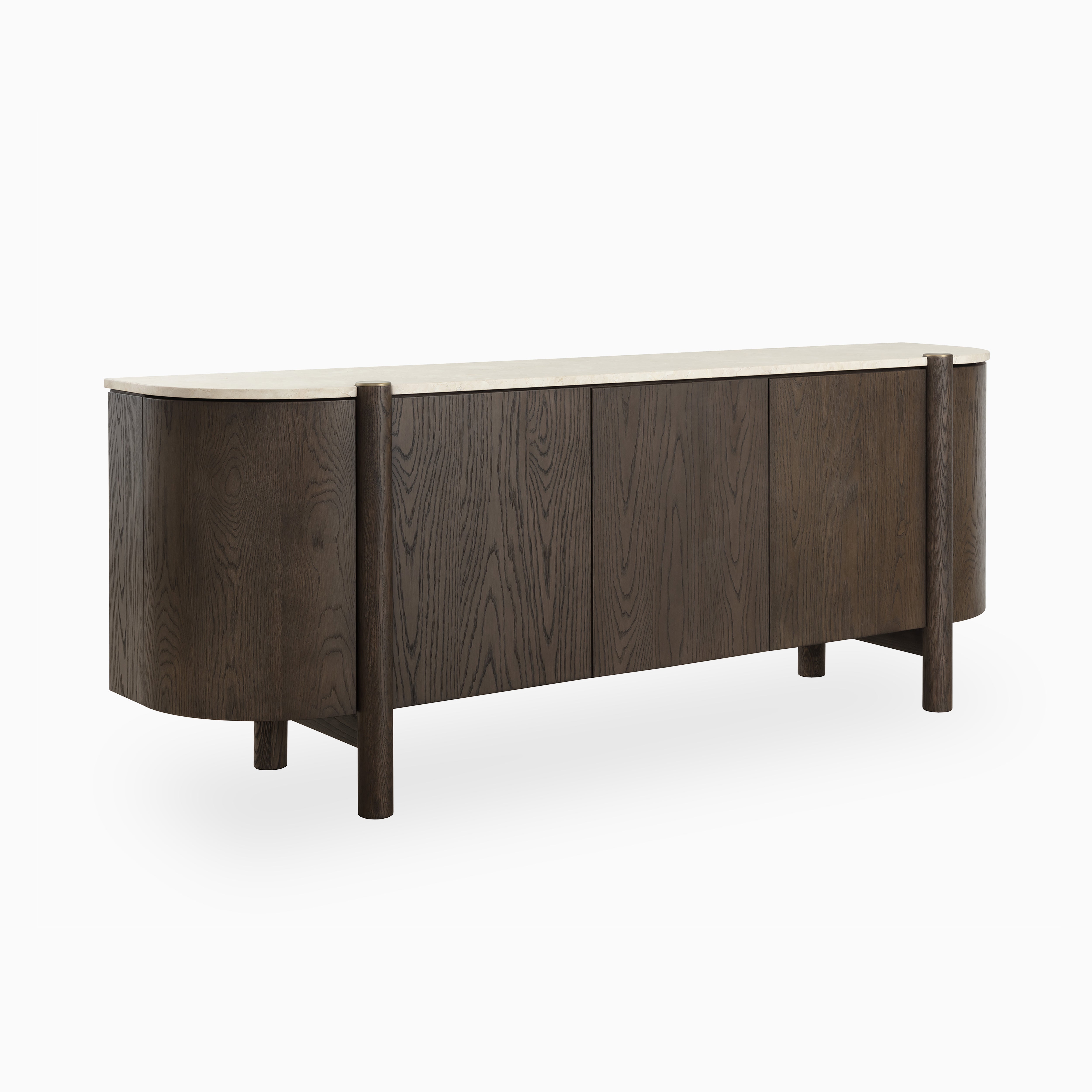 Contemporary sideboard in brown wood with a smooth stone top, rounded corners, and clean lines for a refined modern storage solution.