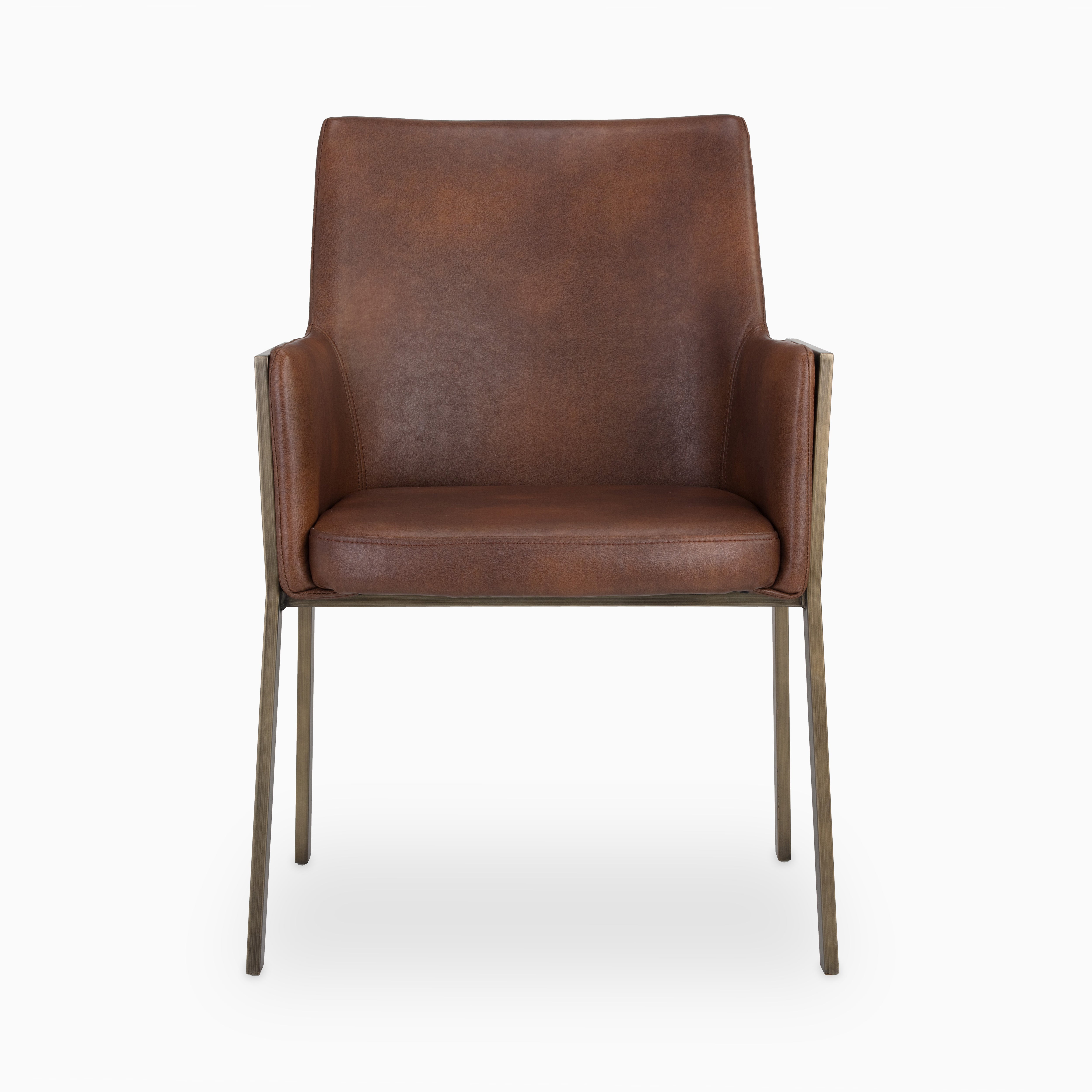 Contemporary dining chair with rich brown faux leather upholstery and exposed antique brass frame for a bold, modern statement.