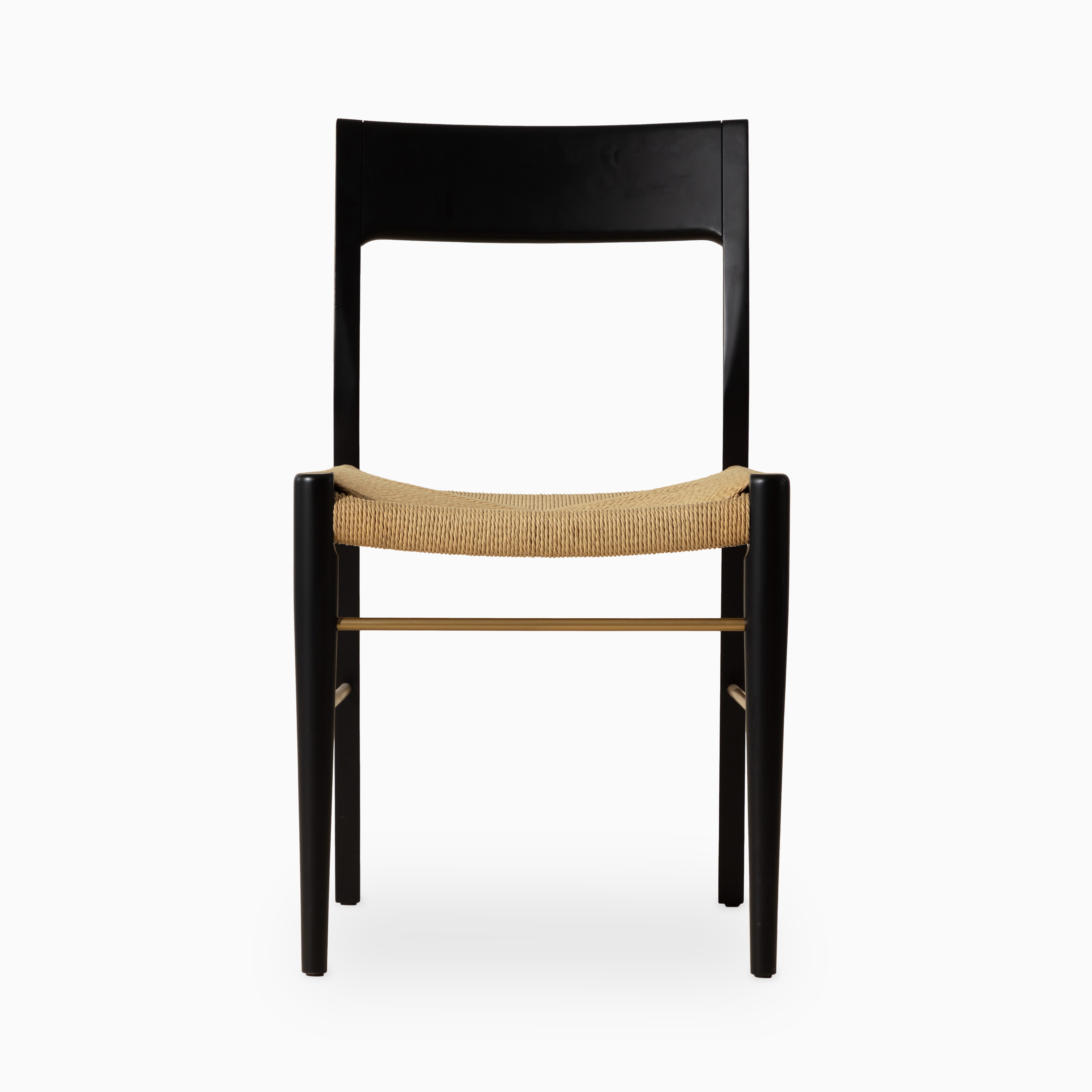 Black beech wood dining chair with a steam-bent backrest and handwoven natural paper rope seat for rustic-modern charm.