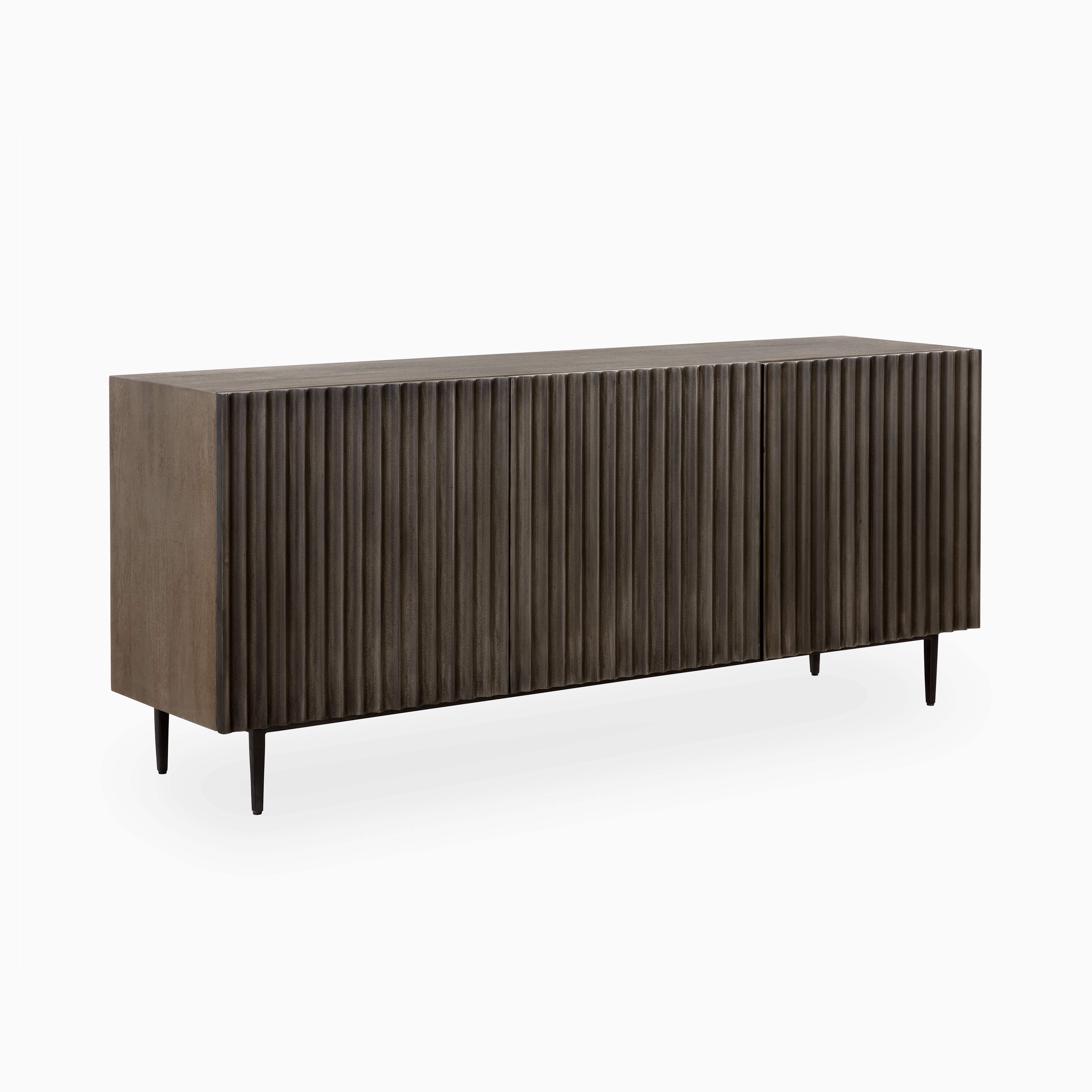Modern sideboard crafted in deep-toned wood, featuring textured fluted doors and minimalist black legs for a sleek, sculptural look.