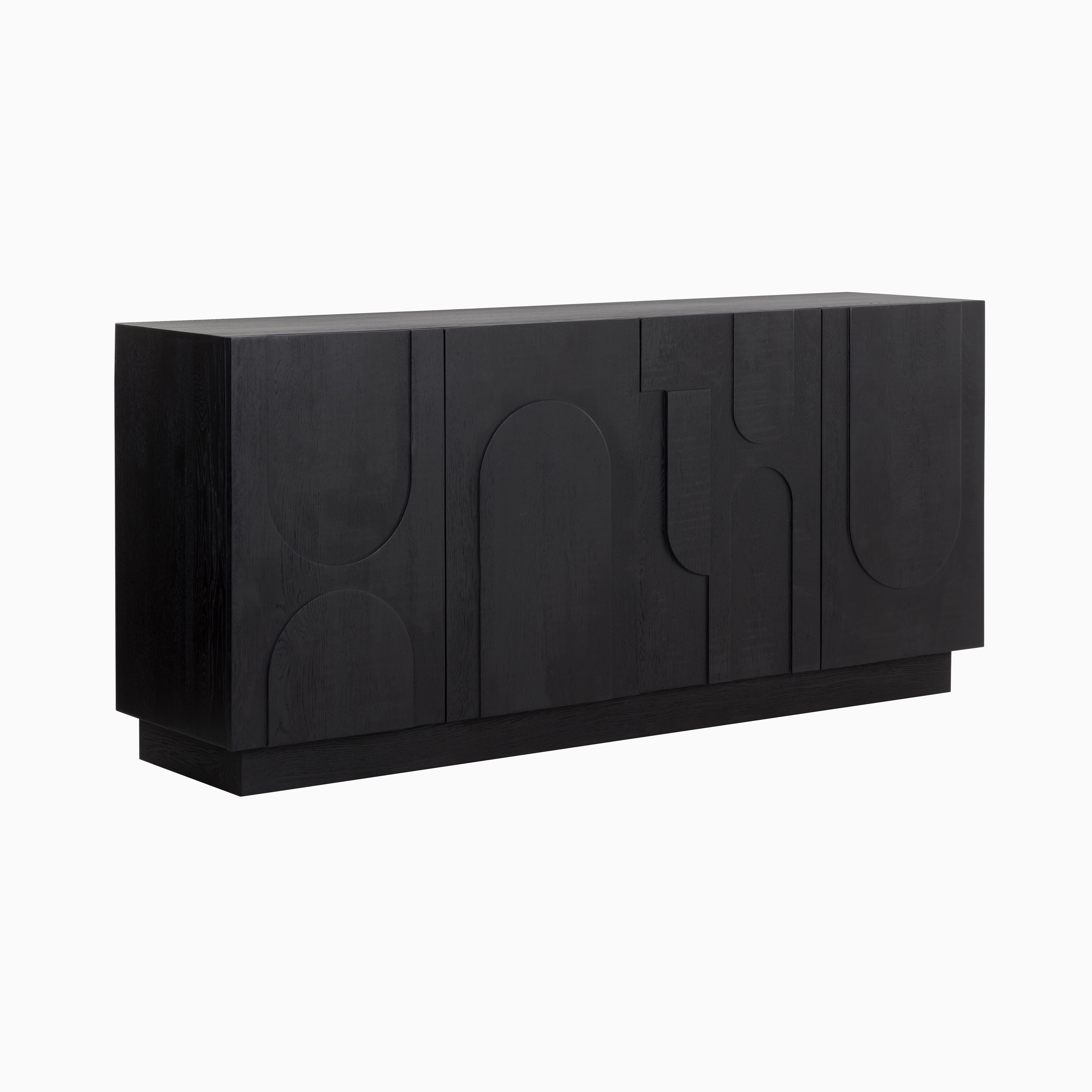 Sleek sideboard in deep black finish featuring sculpted abstract patterns across the doors, blending artful detail with functional storage.