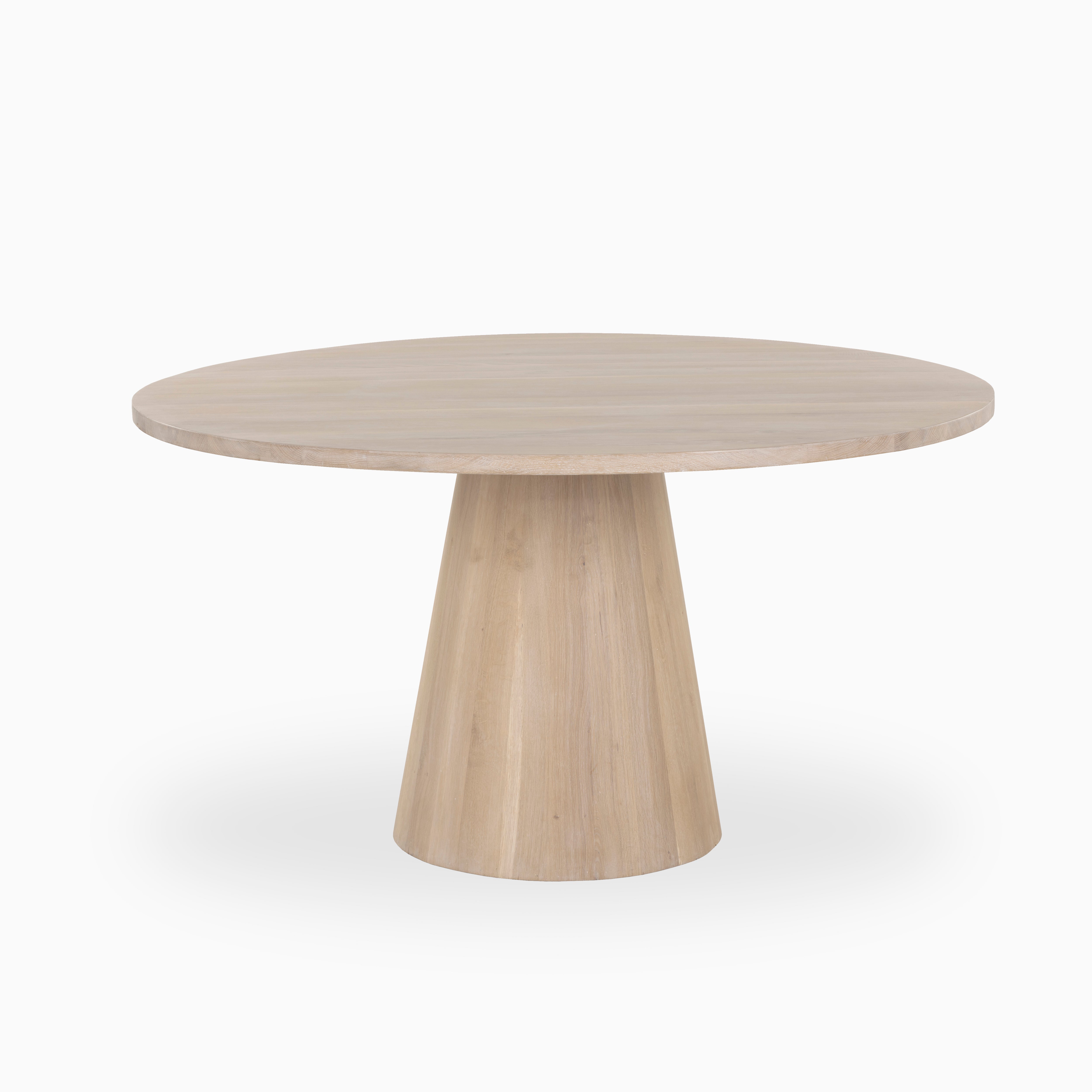Round 54-inch dining table in light oak with a smooth top and tapered conical base, offering a clean modern design with natural warmth.