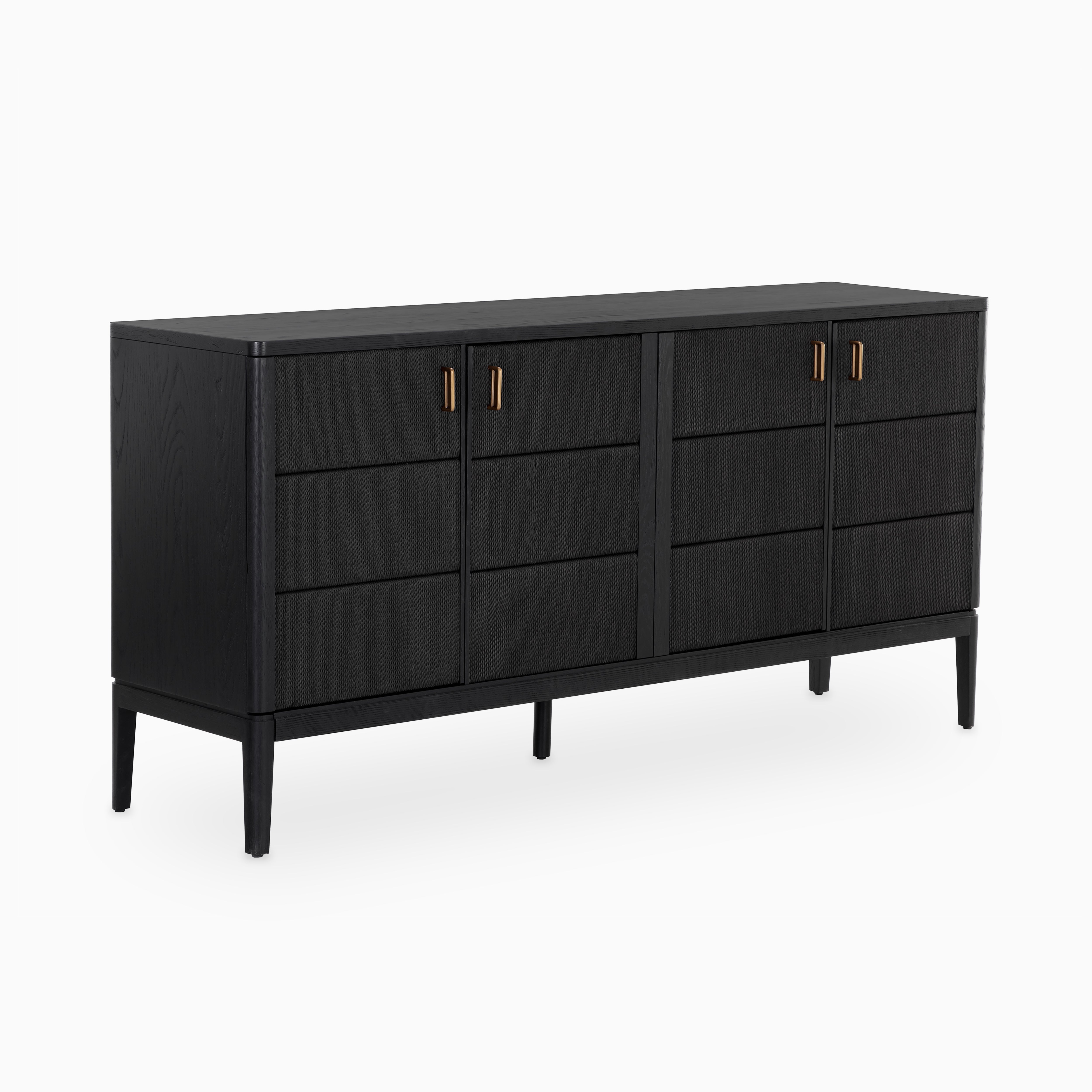Sleek black wood sideboard featuring woven-look detailing on the doors, elevated frame, and metallic accents that balance style and function.