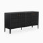 Sleek black wood sideboard featuring woven-look detailing on the doors, elevated frame, and metallic accents that balance style and function.
