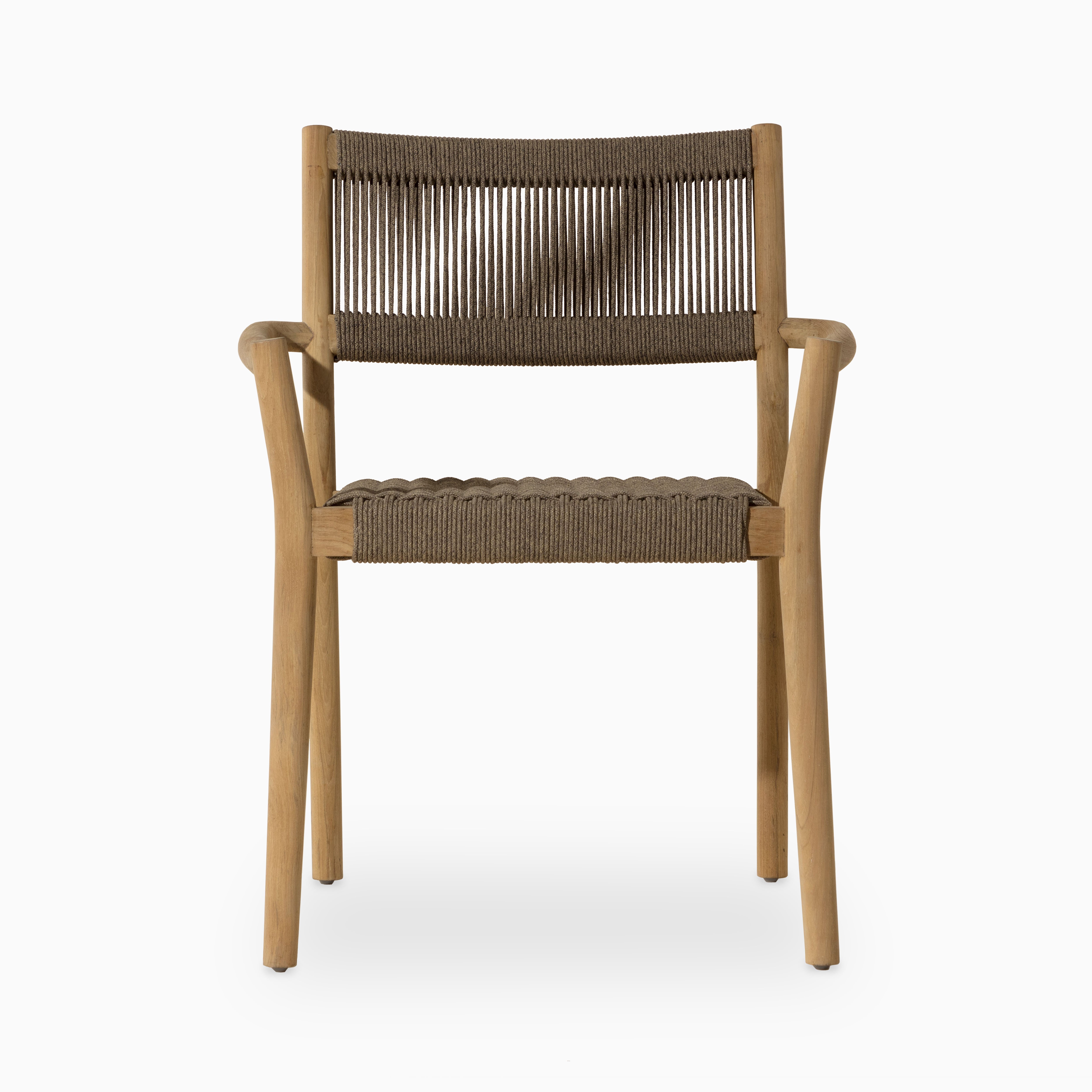 Outdoor dining chair with a natural teak frame and handwoven all-weather rope seat and backrest for breezy, durable elegance.
