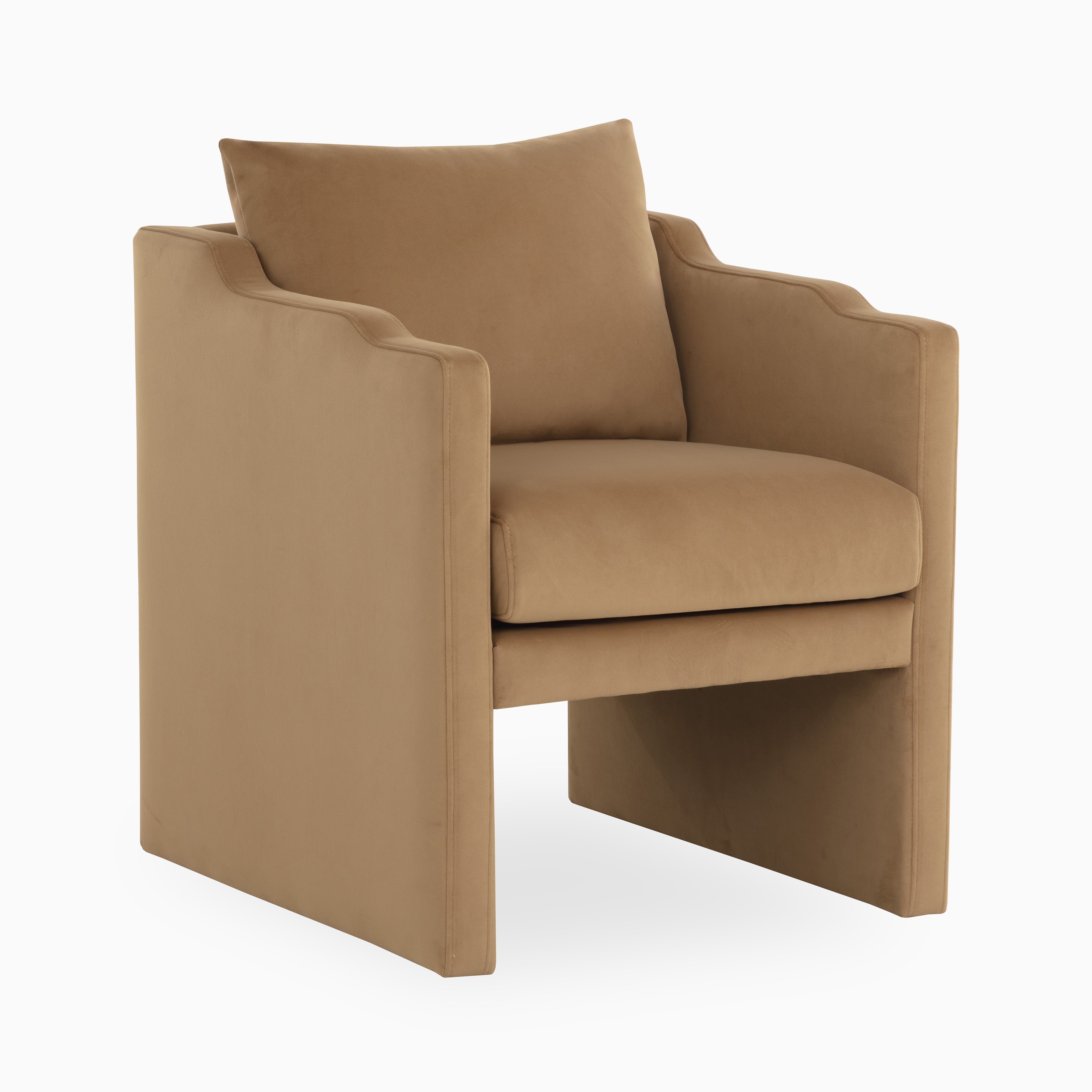 Contemporary armchair in brown velvet with sculpted arm detailing, deep seat cushion, and clean-lined silhouette.
