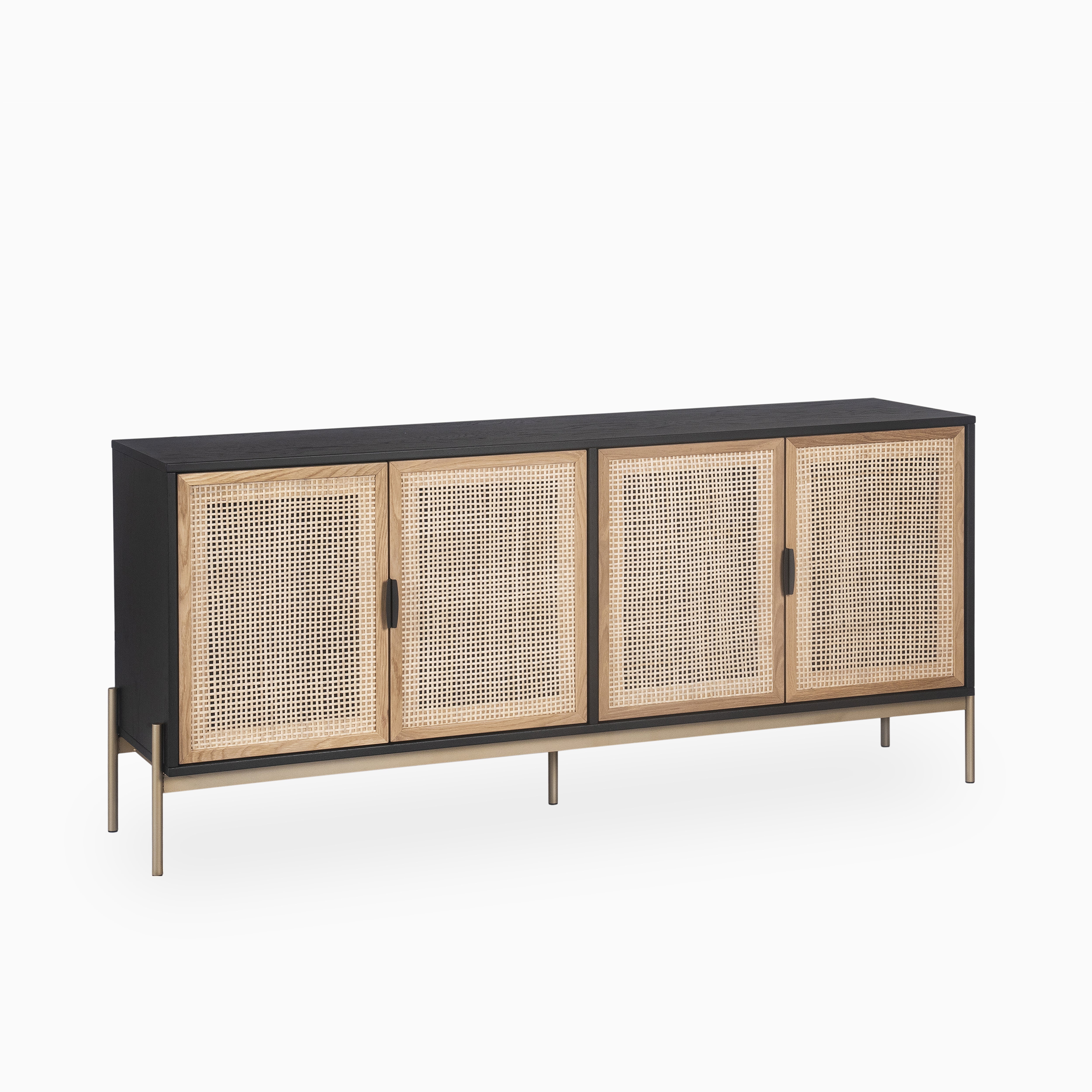 Long rattan-front sideboard featuring a black wood body, woven cane panels, and slim metallic legs, offering spacious storage in a contemporary style.