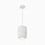 Antique white cylindrical pendant light with a smooth matte finish, suspended from a round ceiling canopy, featuring a softly glowing frosted bulb underneath.