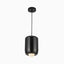 Glossy black cylindrical pendant light with a smooth reflective finish, suspended from a round ceiling canopy, featuring a softly glowing frosted bulb underneath.