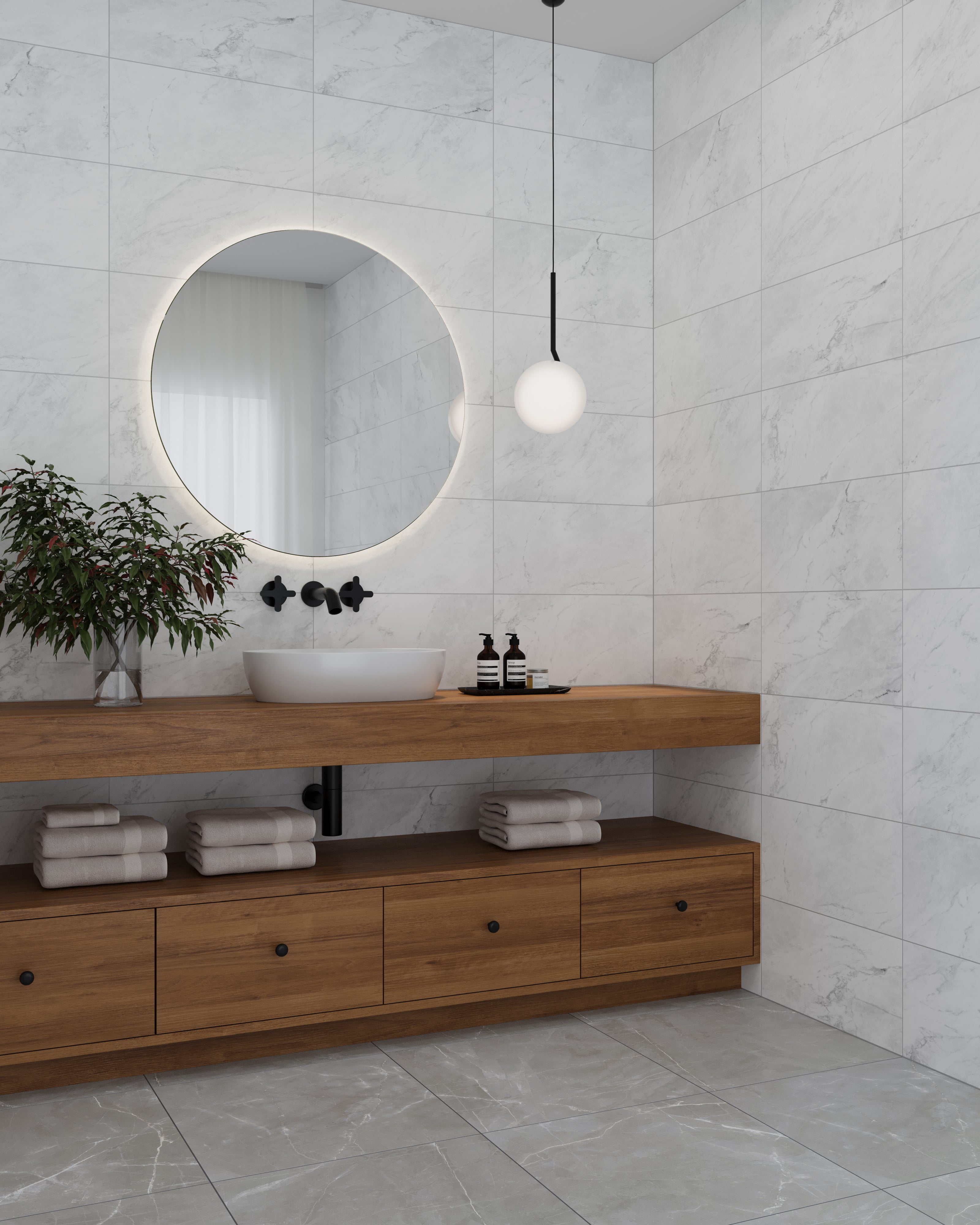 Elegant bathroom featuring Alaska Glacier matte porcelain tiles with a soft white and gray marble effect, paired with a sleek wooden vanity for a serene, modern design.