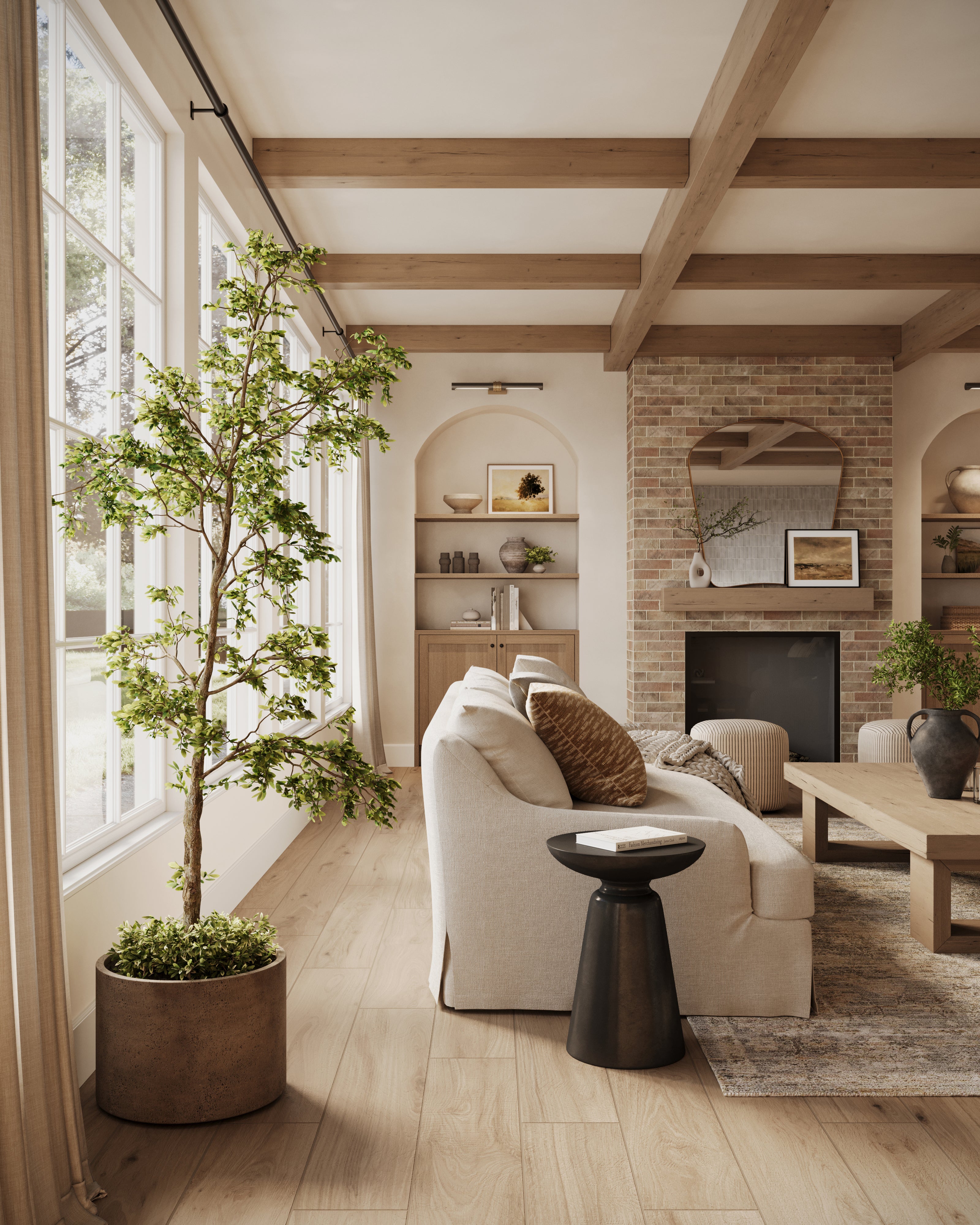 Bright living room with floor-to-ceiling windows, a cozy cream sofa, and a brick fireplace clad in almond-colored tiles that enhance the soft, airy atmosphere.