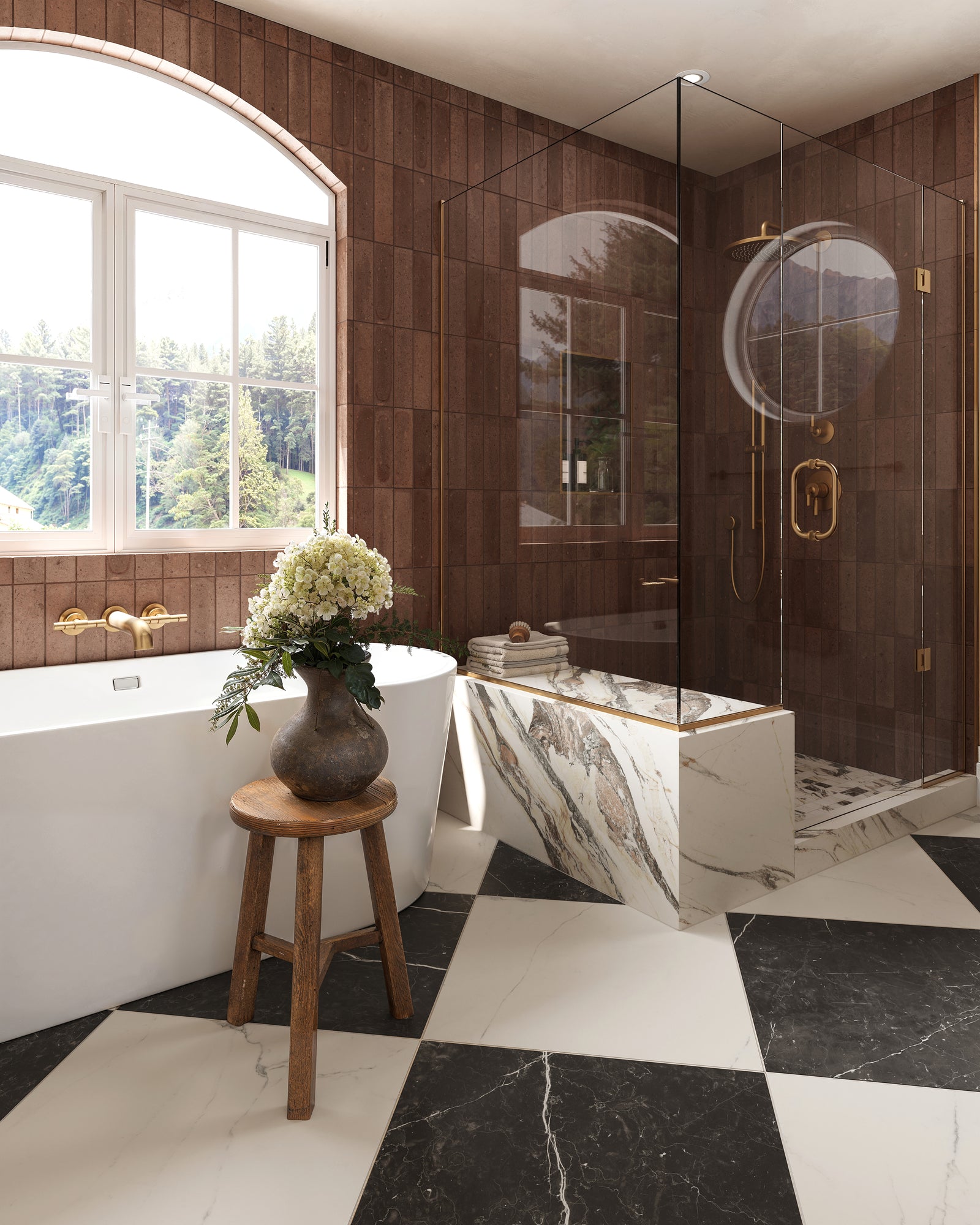 Leona 24x24 matte porcelain tile in Calacatta and Nero Marquina, pairing creamy white with rich black marble-look for a striking checkerboard pattern in a warm, wood-accented bathroom with a freestanding tub and glass-enclosed shower.