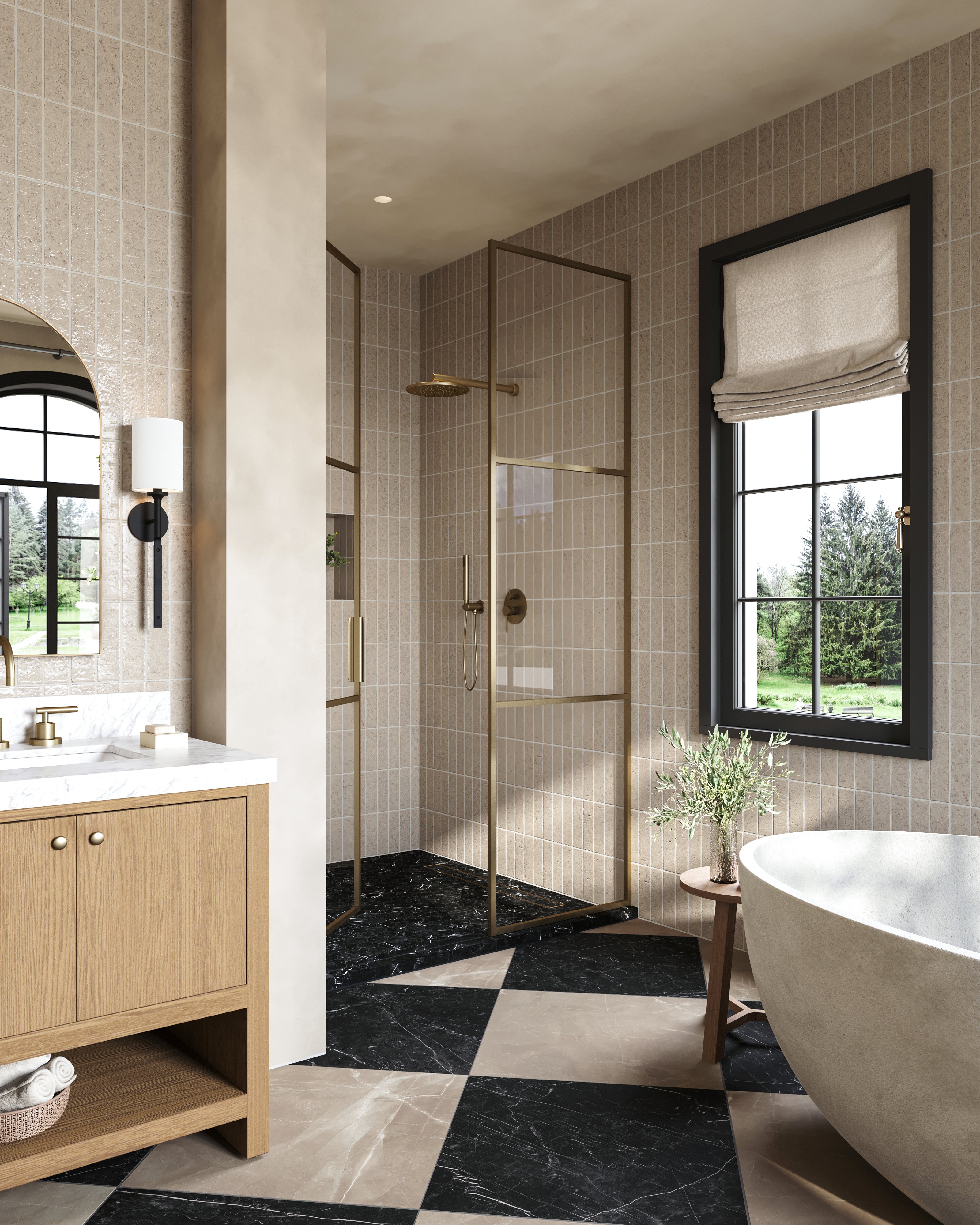 Leona 24x24 Checkerboard Matte Porcelain Tile in Marfil and Nero Marquina