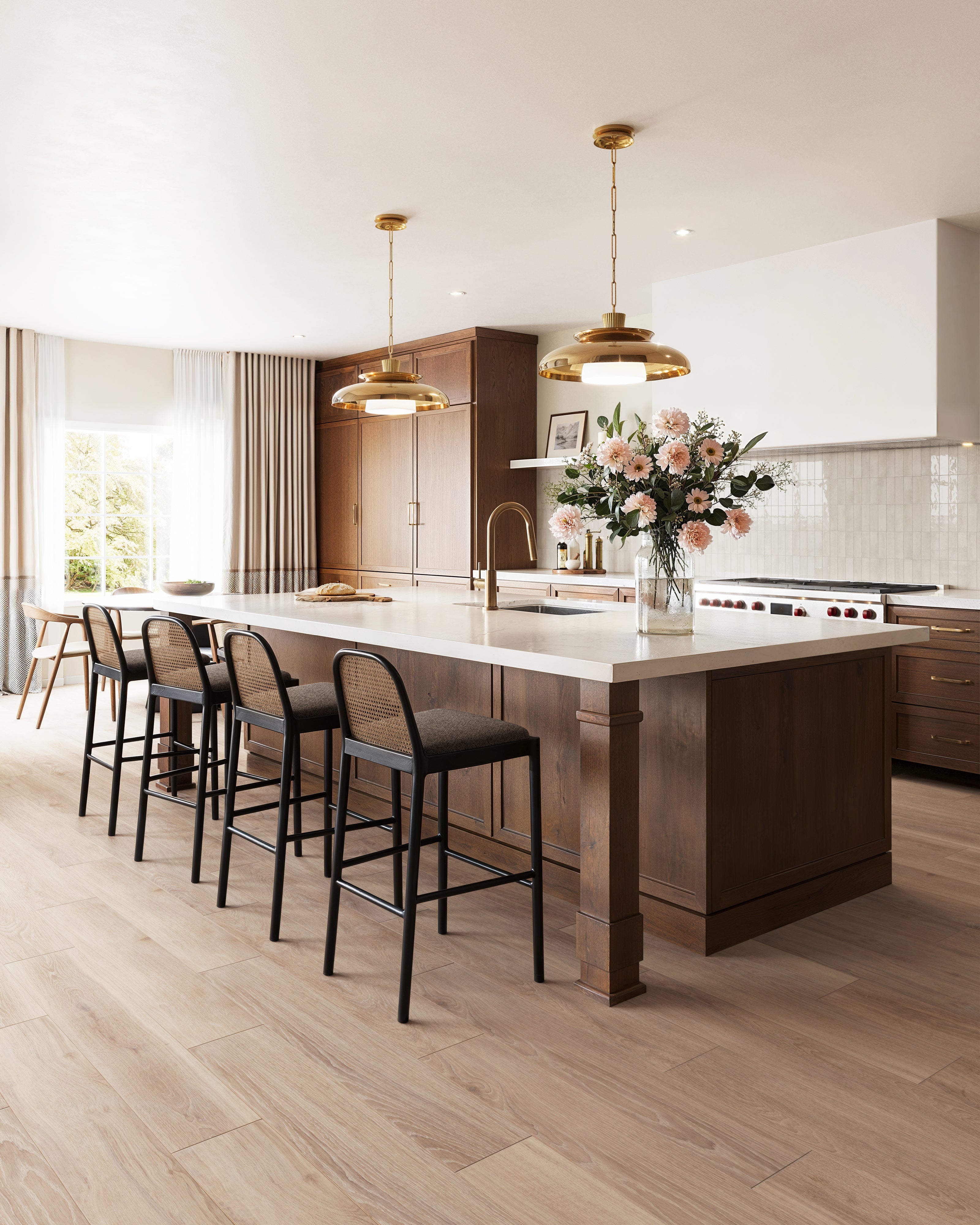 A modern house with wood look tiles  flooring while the backsplash highlghts taupe tiles.