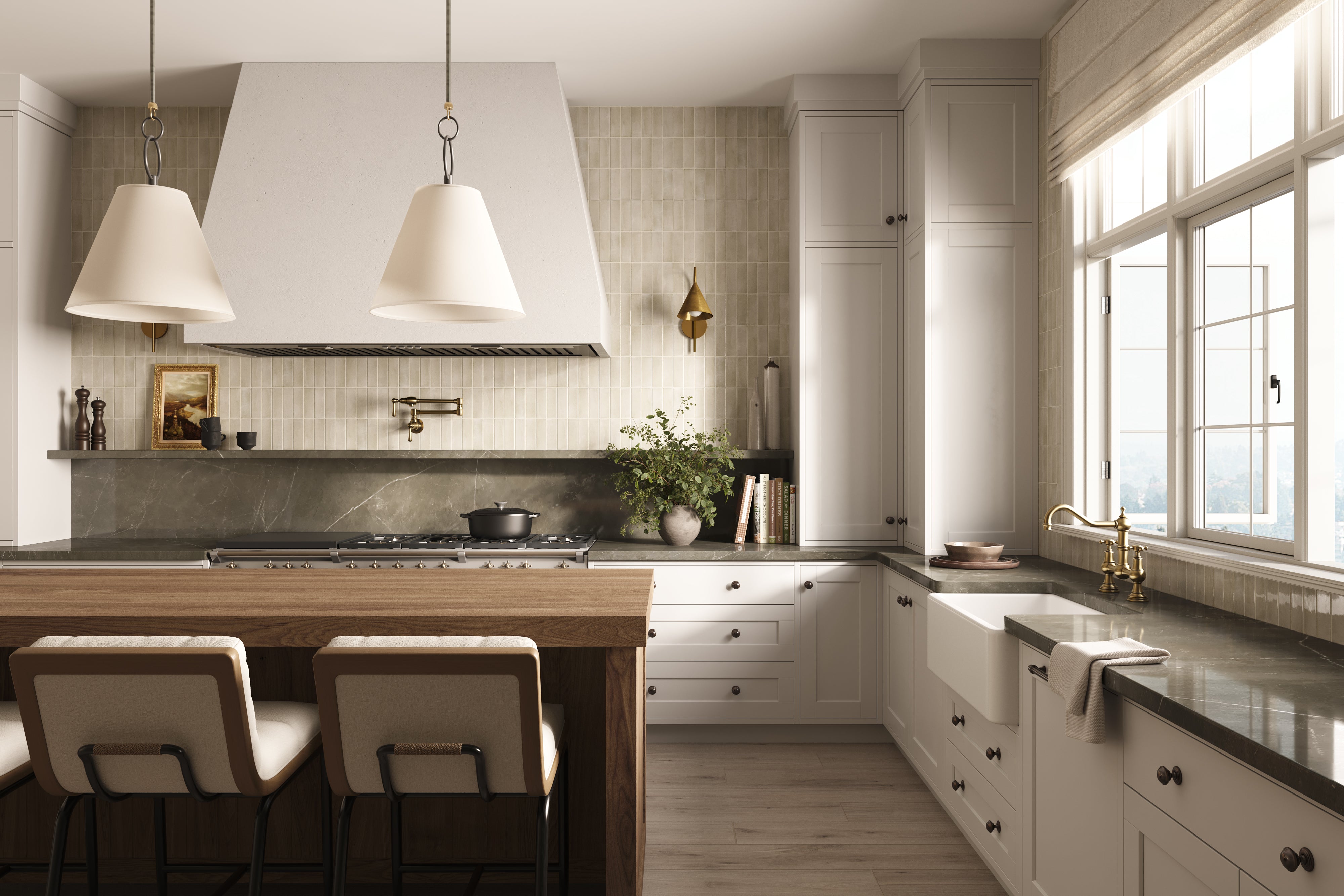 Counter stools with padded cream backs and seats add comfort and contrast to the natural wood island, tying together the warm cabinetry and sleek countertops in the kitchen.