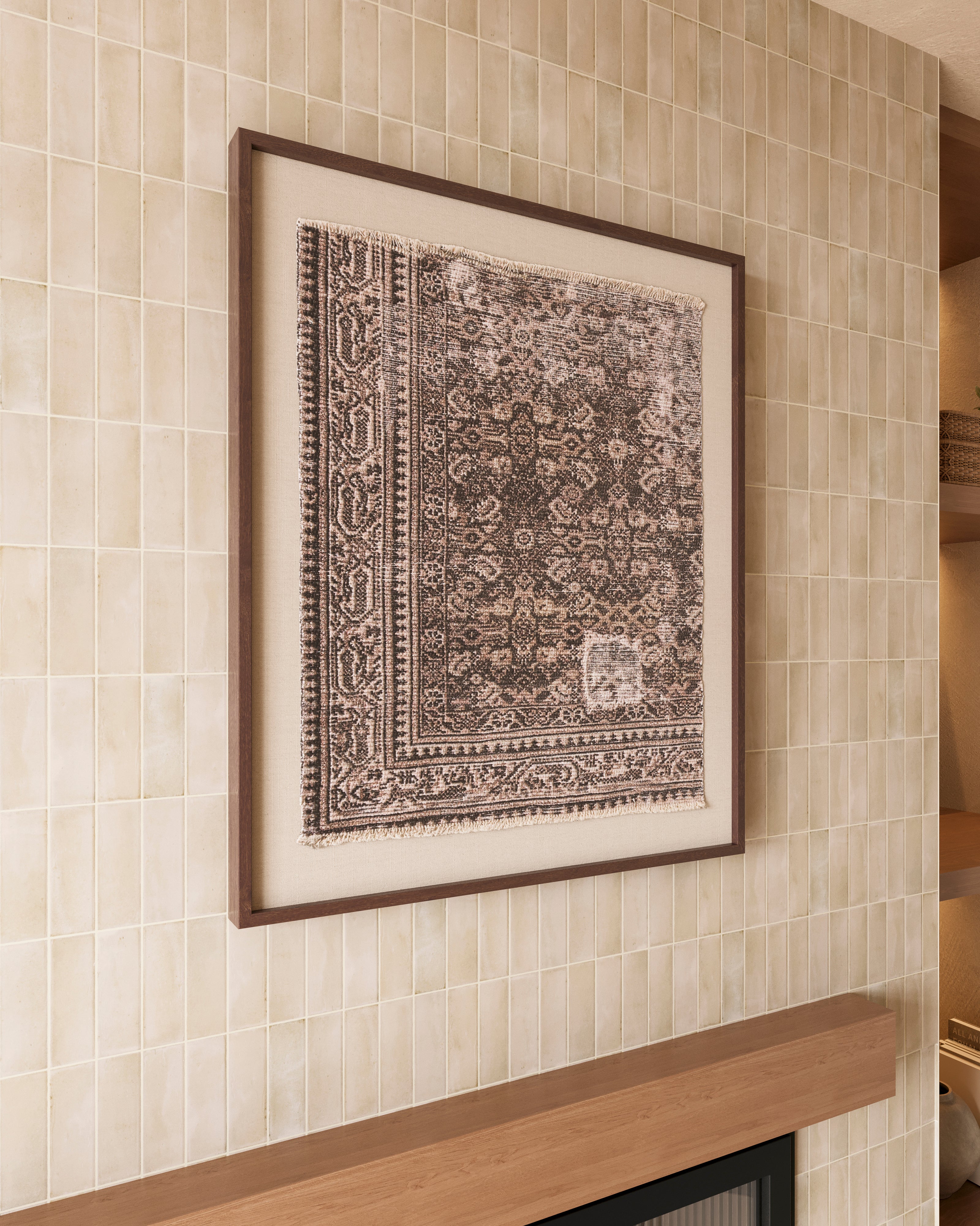 Framed Hollow Morning wall art displayed on a tiled wall, featuring faded geometric motifs, ornamental borders, and softly frayed edges.