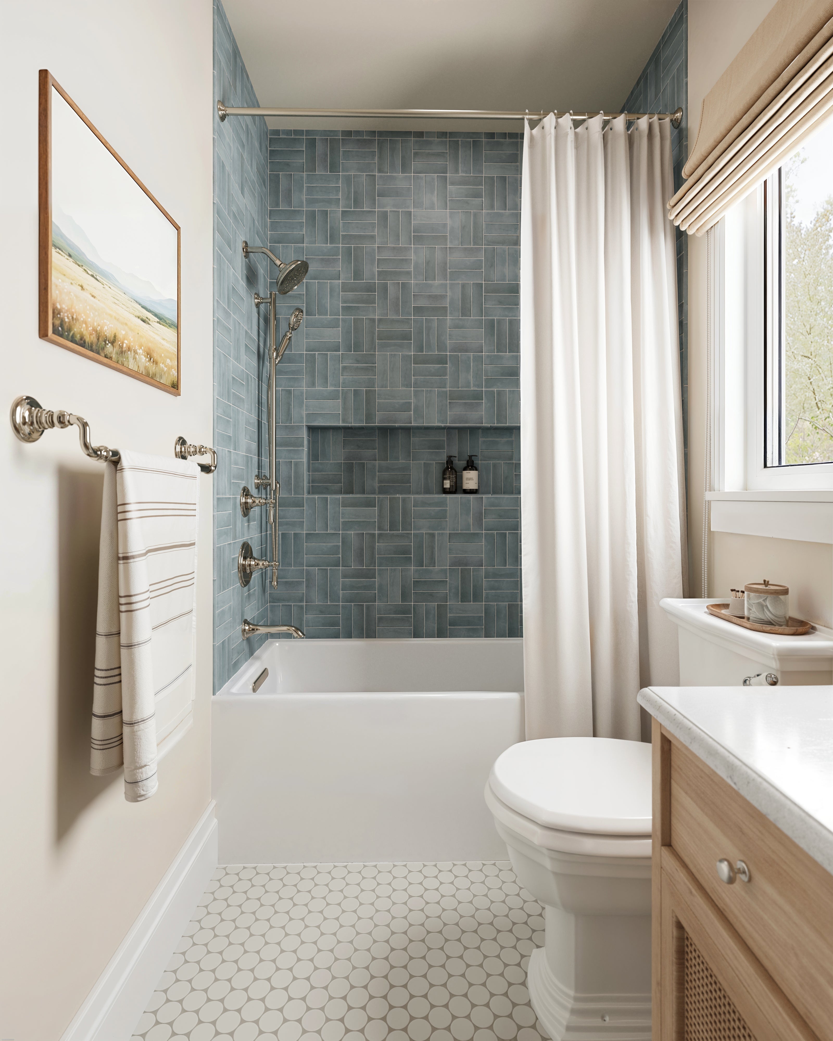 Bathroom featuring Natasha 2x6 matte porcelain tile in Ice on the shower wall, featuring soft blue hues, paired with white hexagon mosaic flooring for a crisp, modern contrast.