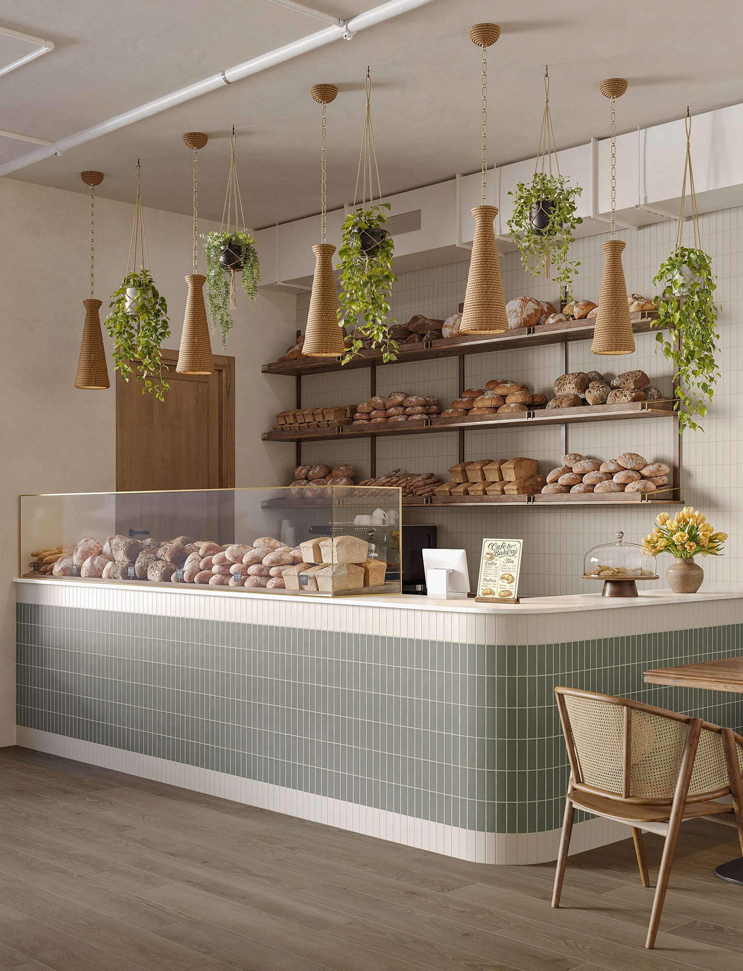 Warm bakery interior with handwoven pendant lights and vertical sage green tile counter, blending organic texture and soft modern design.