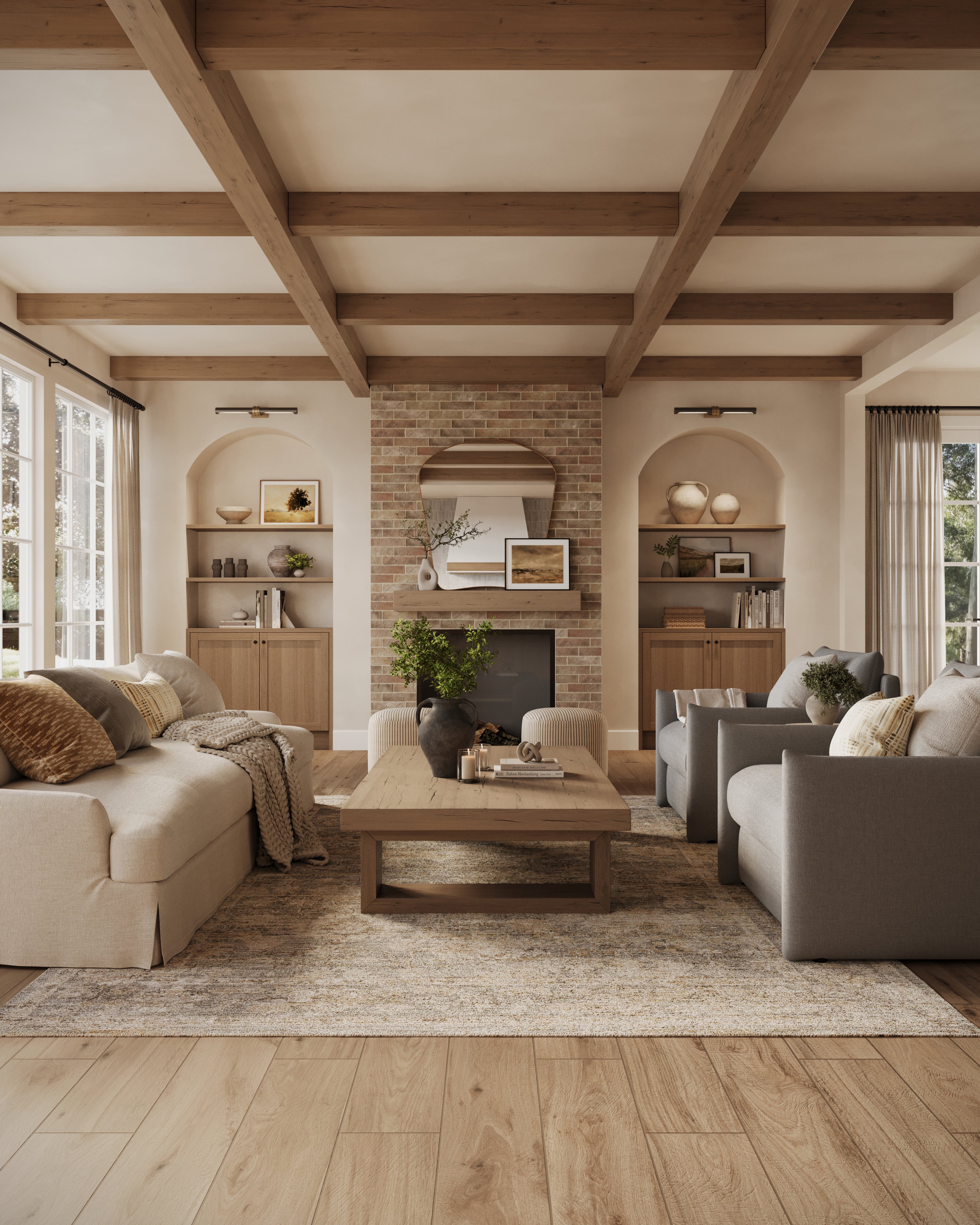 Inviting living room with almond-colored brick wall tiles on the fireplace, exposed wood beams, and neutral-toned furnishings that balance warmth and modern comfort.