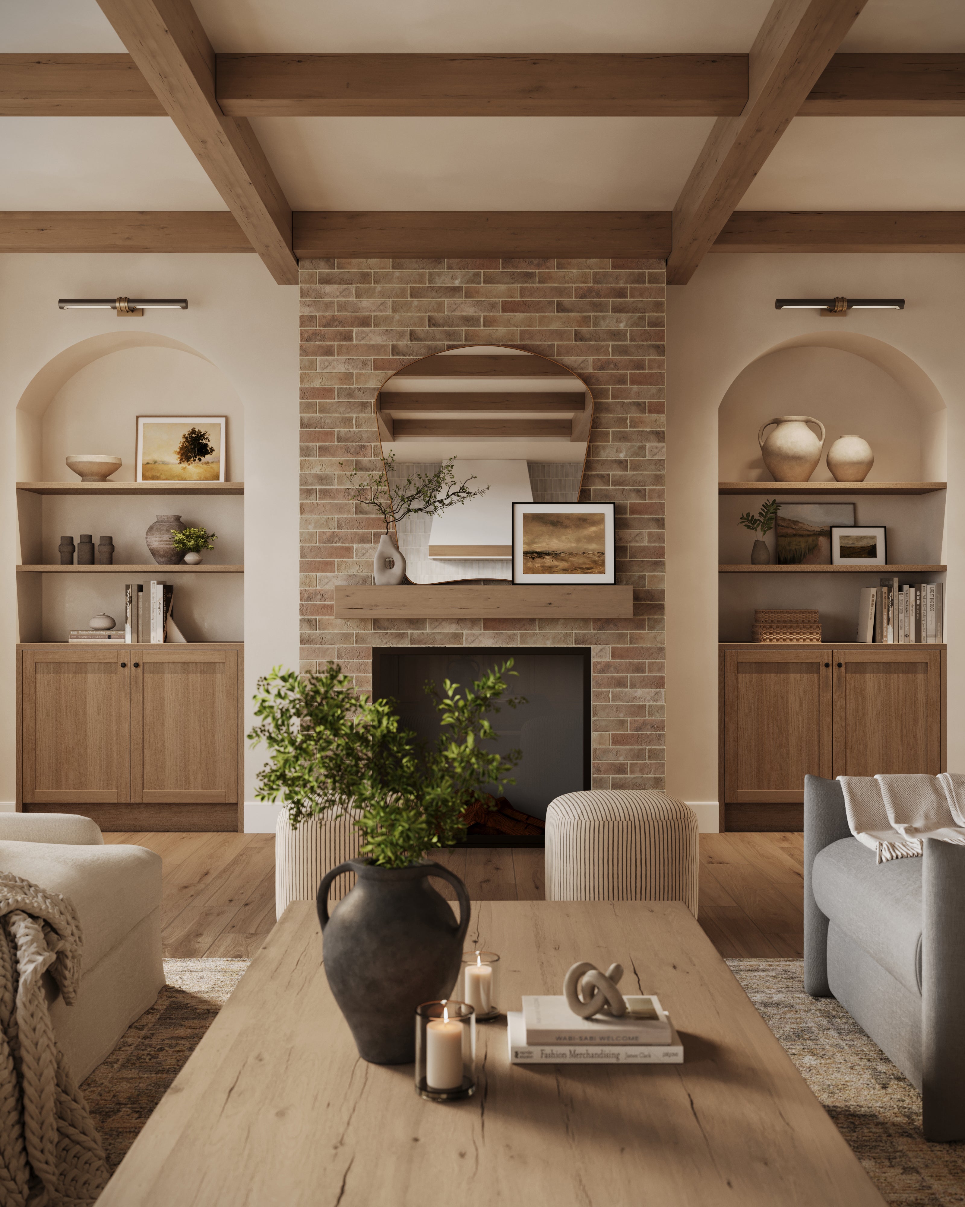 Warm living room with almond-colored brick wall tiles surrounding the fireplace, flanked by arched built-ins, natural wood beams, and earthy decor for a cozy, timeless ambiance.