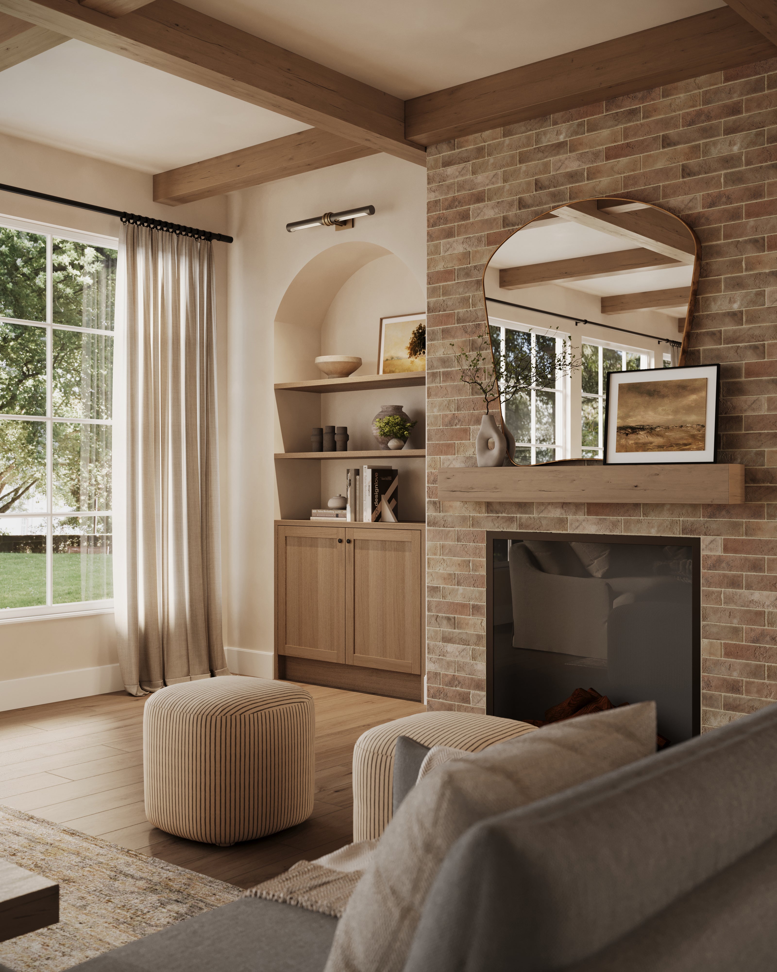 Cozy living room with almond-colored brick wall tiles framing the fireplace, arched shelving, and warm wood accents that create an inviting, natural charm.